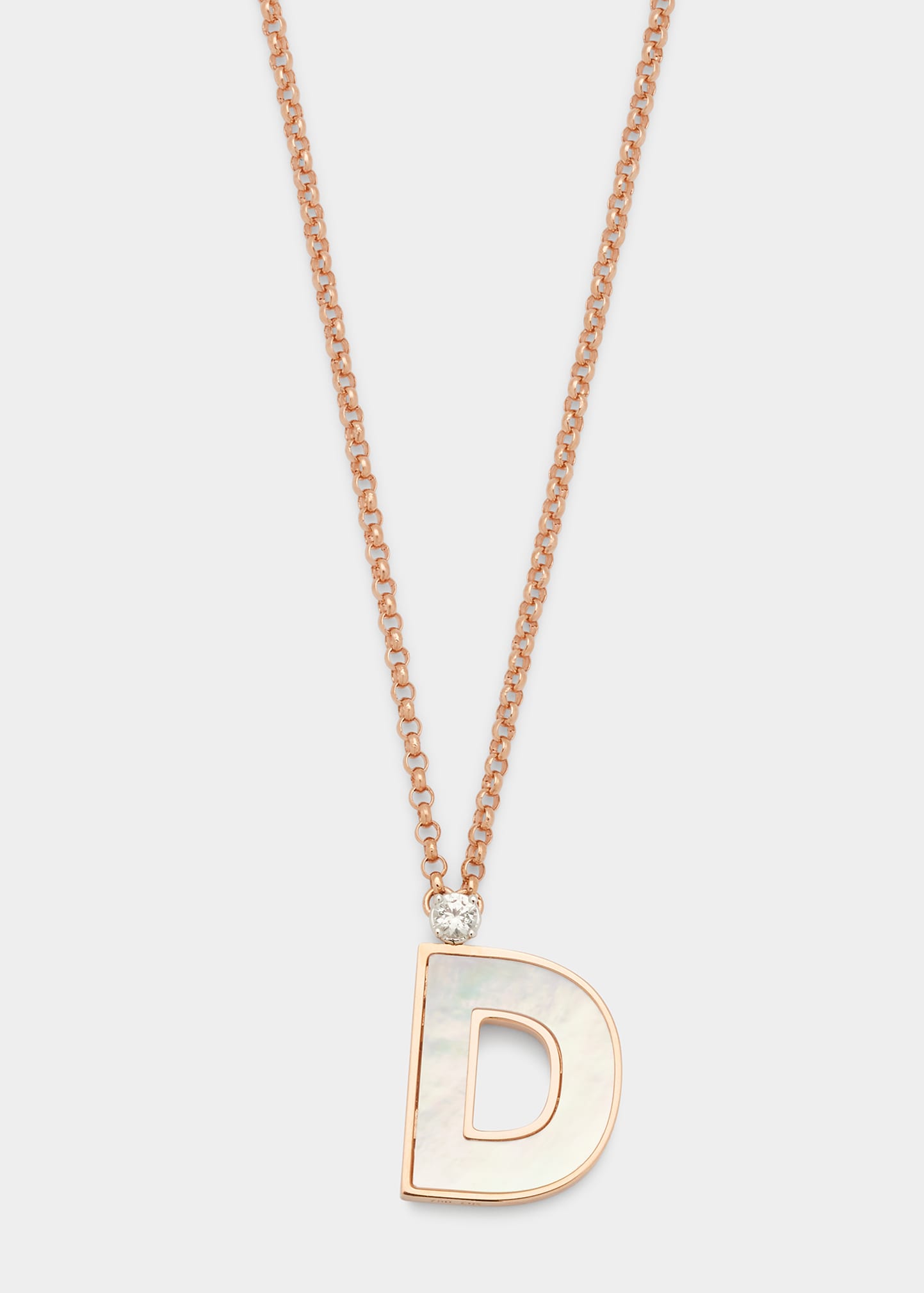 Rose Gold 'D' Letter Charm Necklace with Mother-of-Pearl and White Sapphire