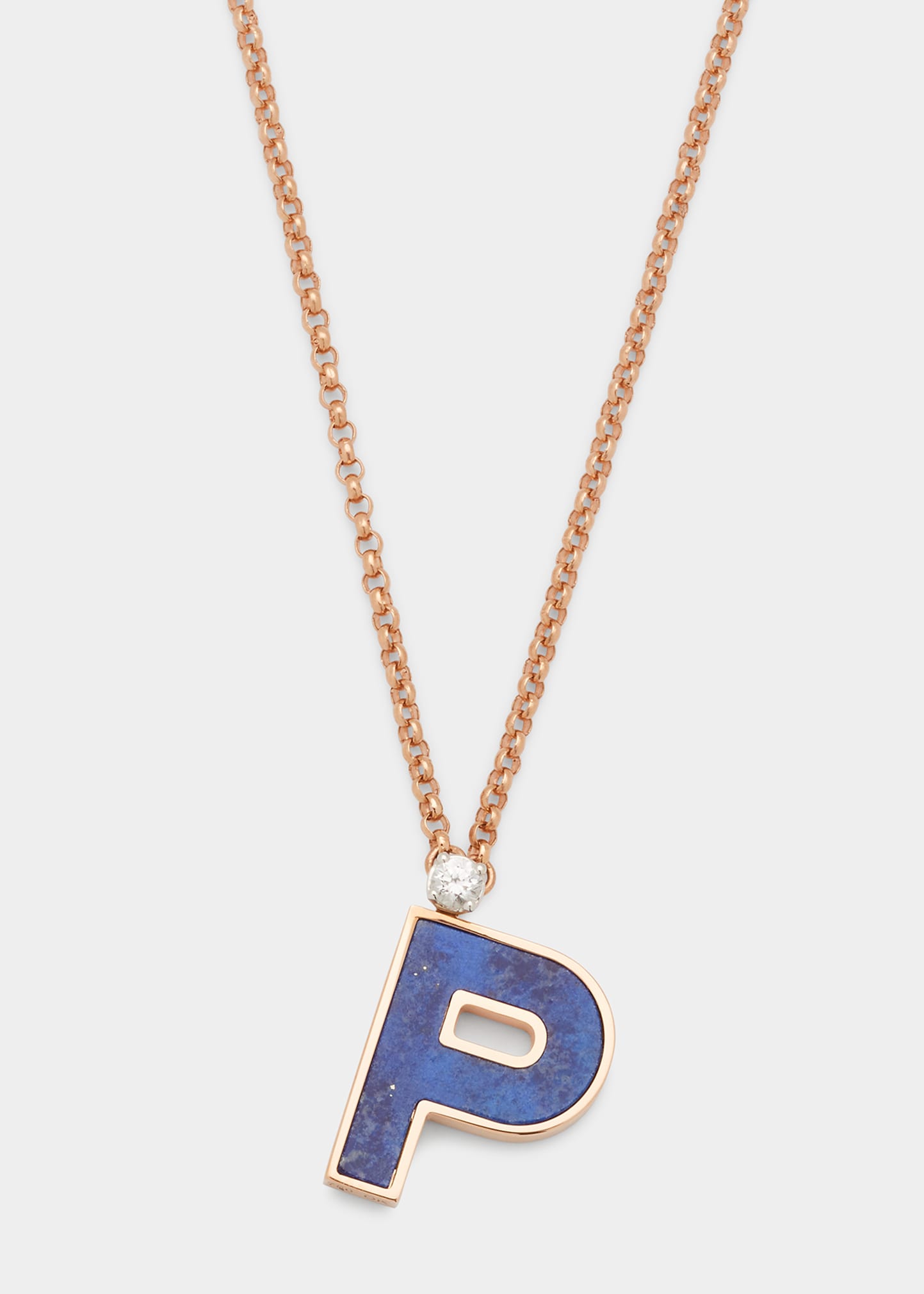 Rose Gold 'P' Letter Charm Necklace with Lapis and White Sapphire