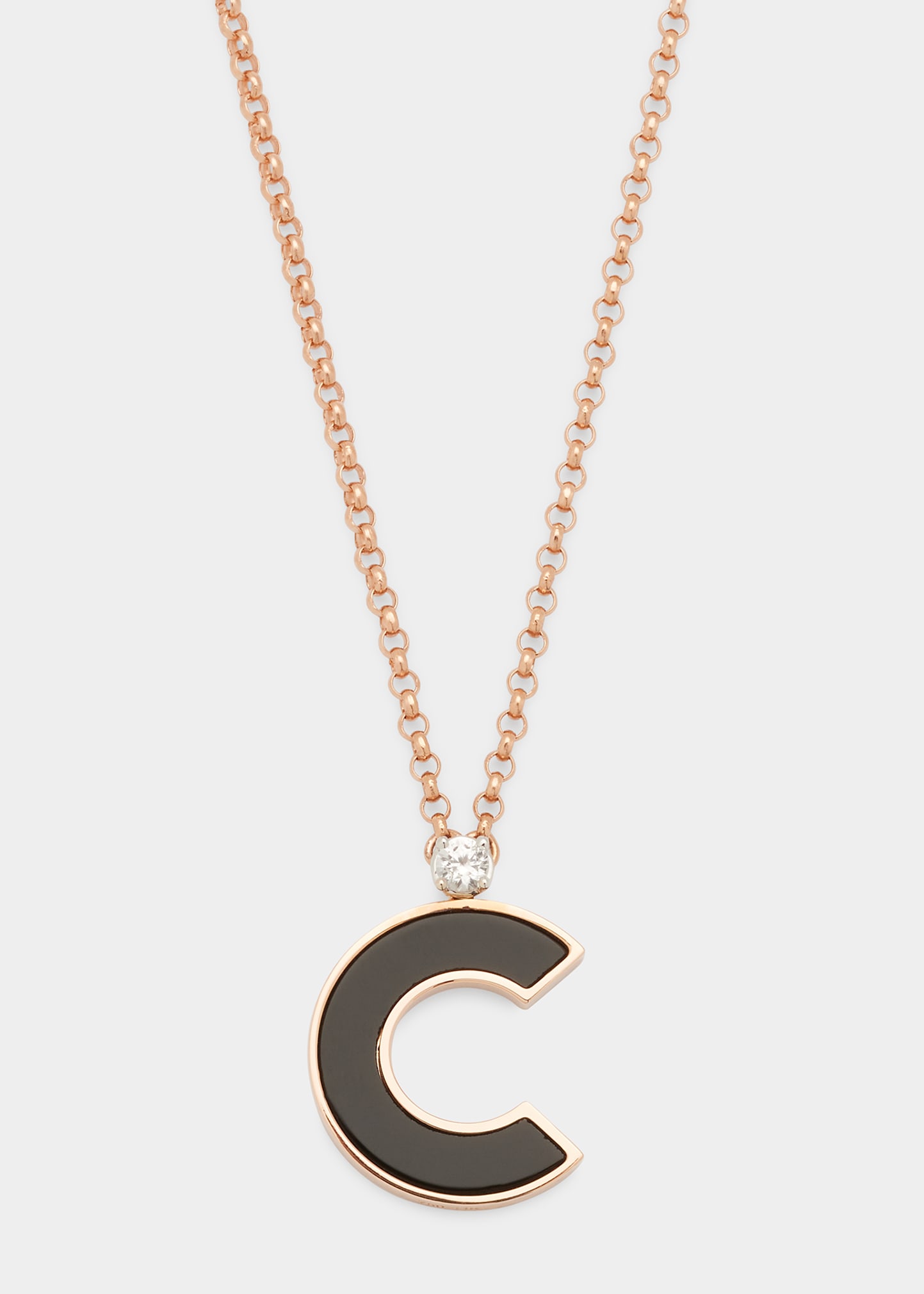 Rose Gold 'C' Letter Charm Necklace with Onyx and White Sapphire