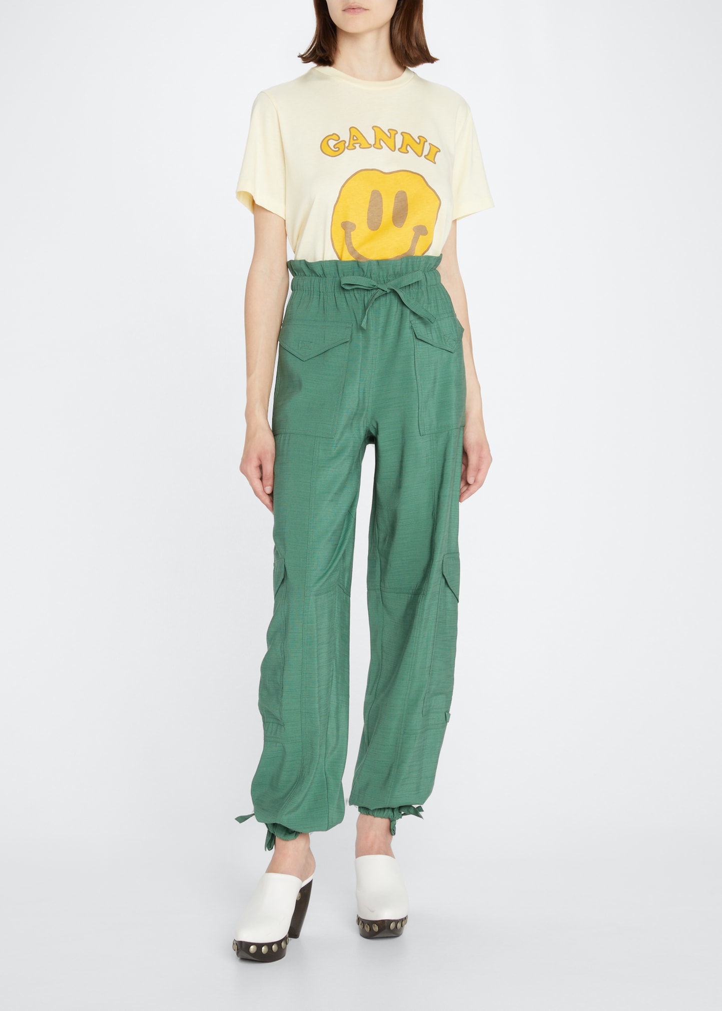 Ganni Tie Cuff Paperbag Waist Cargo Pants In Myrtle