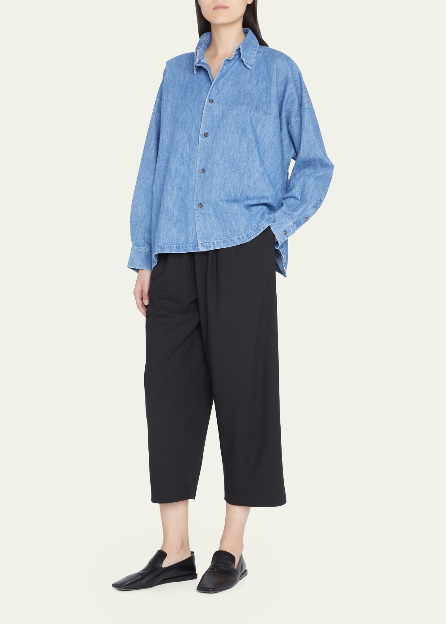 Shop Eskandar Wide A-line Denim Shirt With Collar (mid Length) In Denimlight
