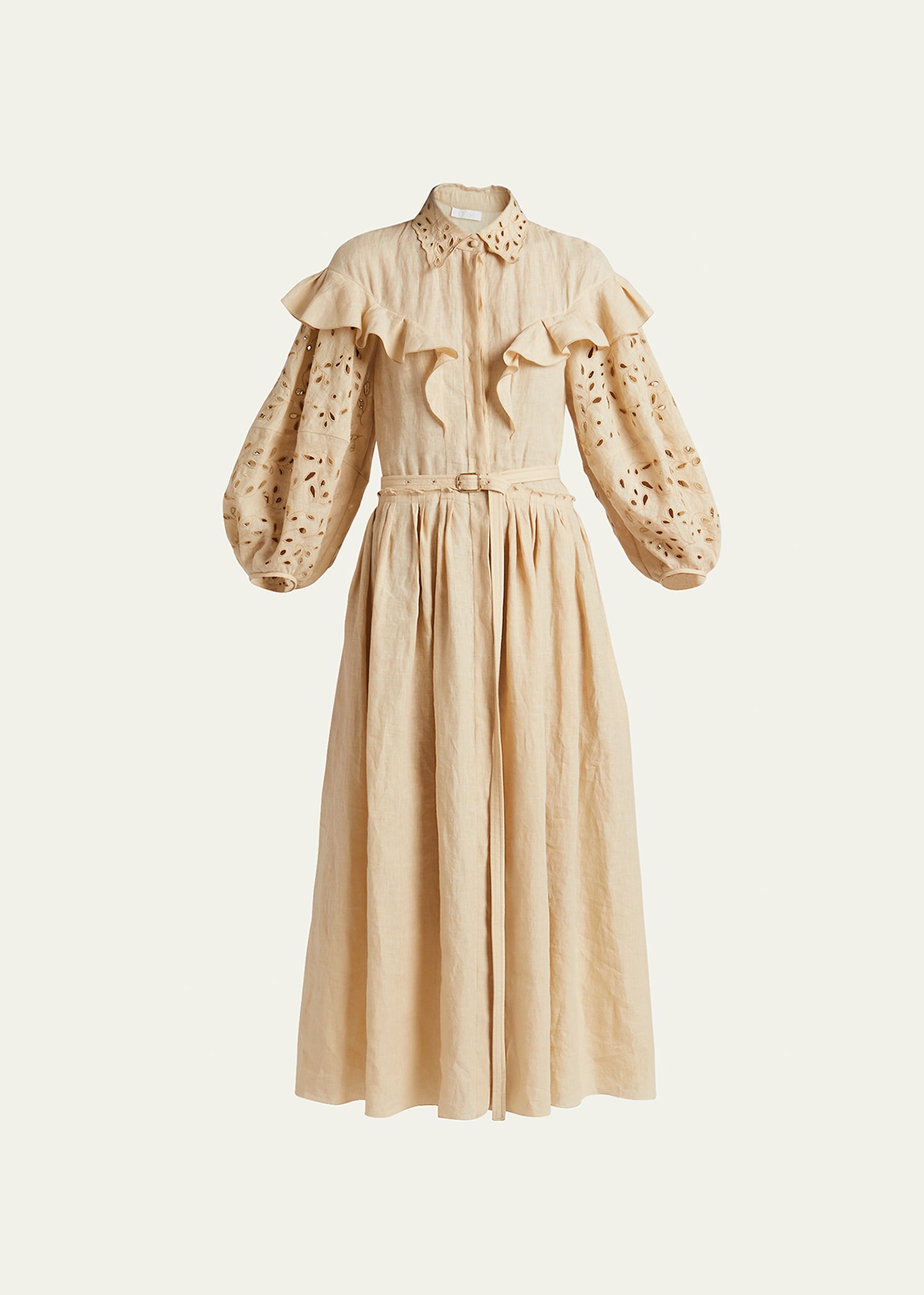 Shop Chloé Broderie Anglaise Blouson-sleeve Ruffle Maxi Shirtdress In Pastel Pink