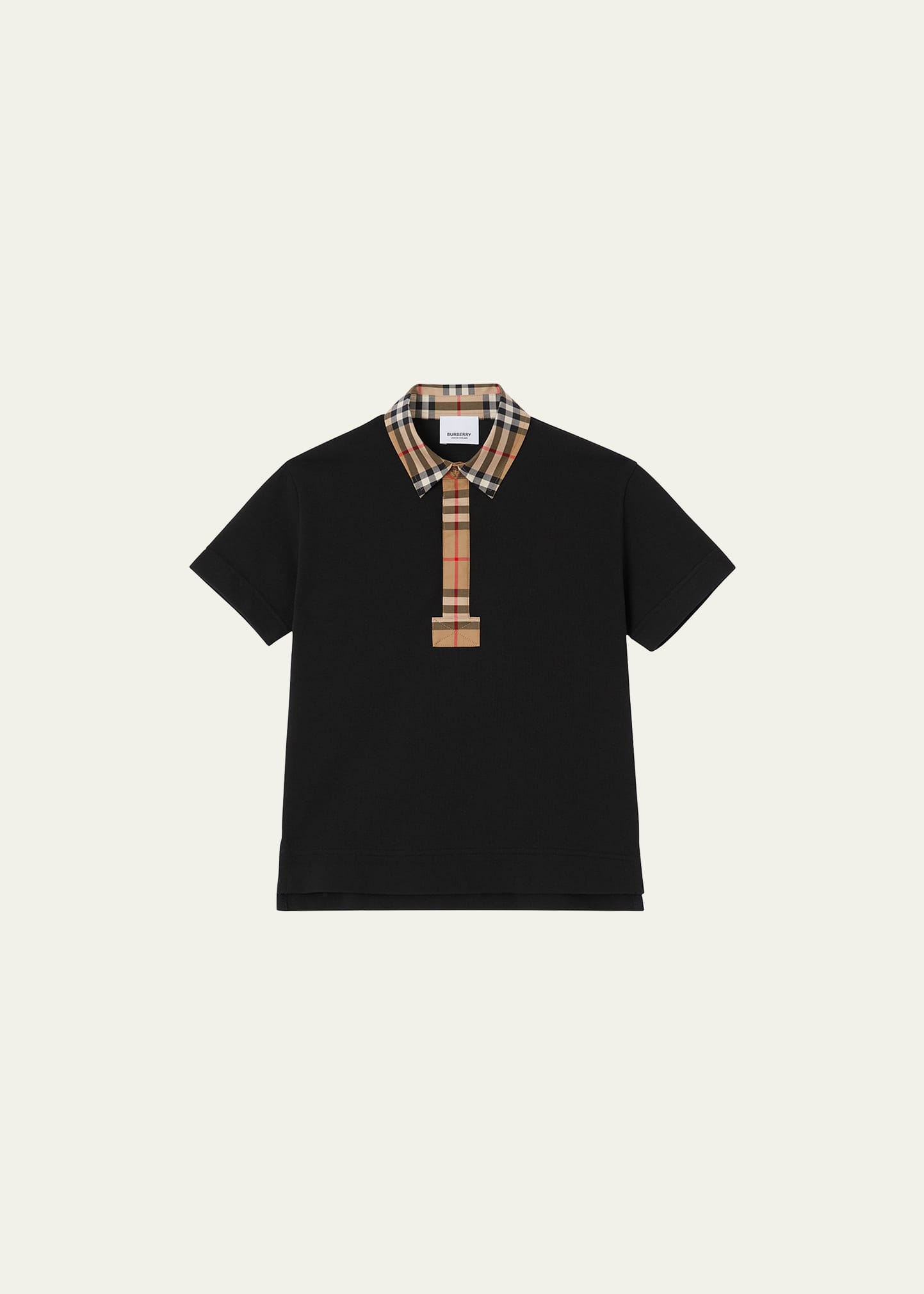 Shop Burberry Boy's Johane Check Short Sleeve Polo Shirt In Black