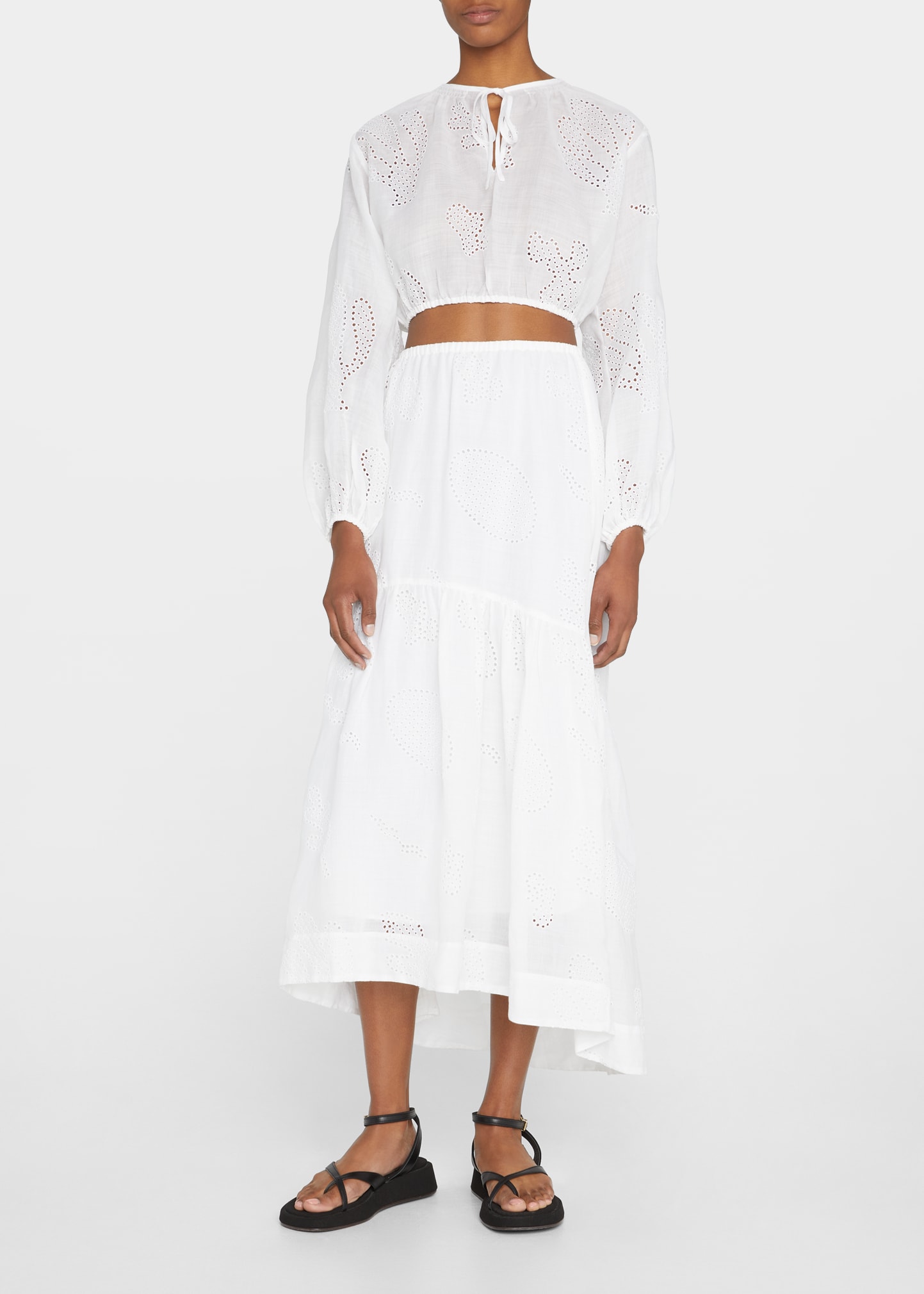 Frame Eyelet Blouson Sleeve Organic Linen Blend Crop Top In Blanc
