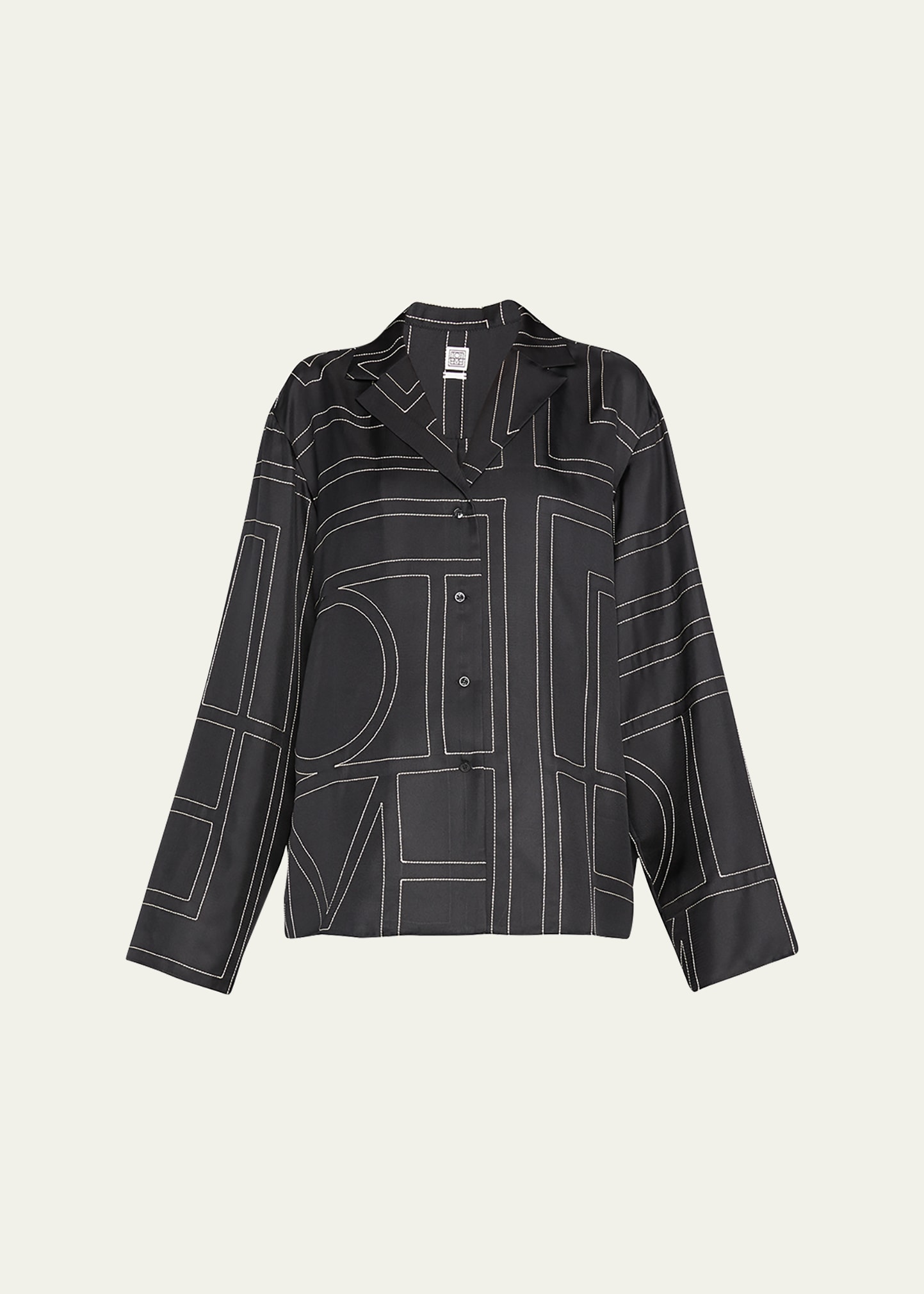 Shop Totême Monogram-embroidered Silk Pajama Top In Black