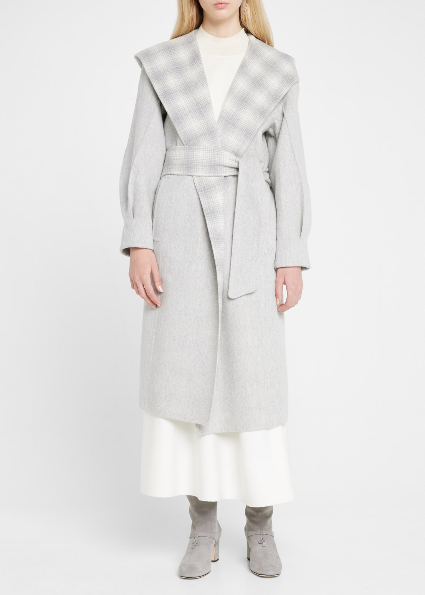 Agnona Self-belt Hooded Cashmere Long Coat In Ice