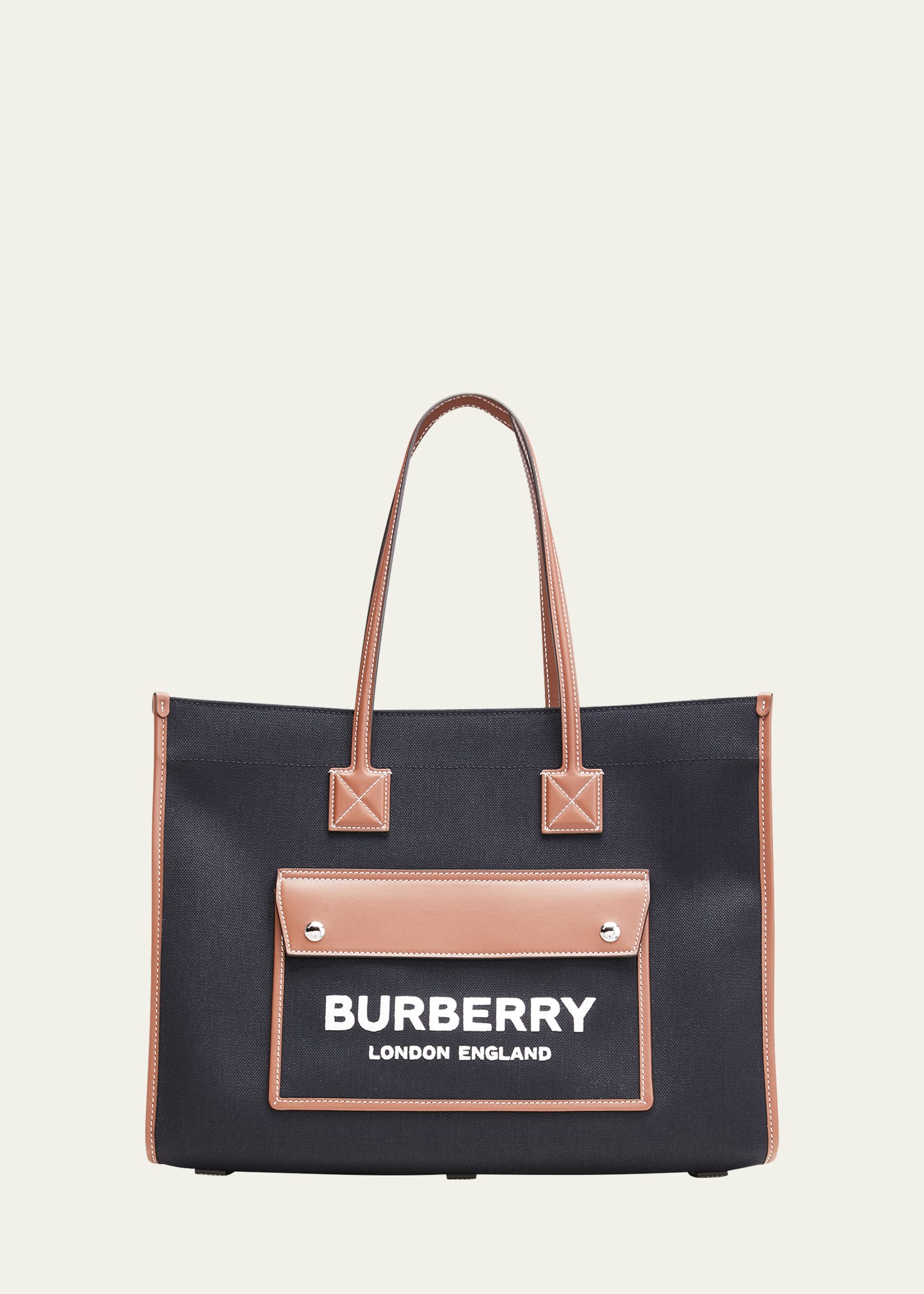 Burberry Freya Twill & Leather Tote Bag In Black/tan | ModeSens