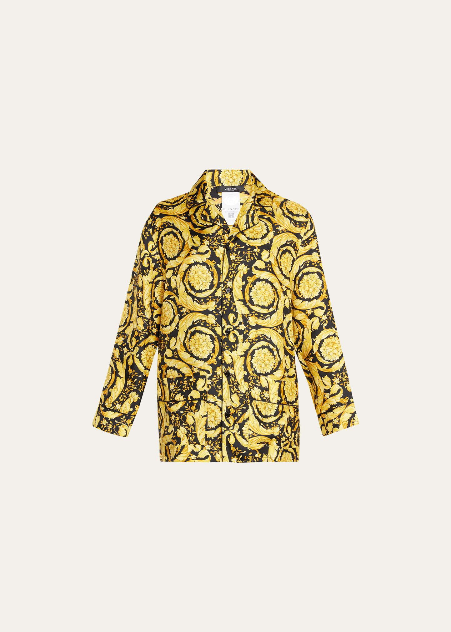 Shop Versace Barocco-print Silk Pajama Shirt In Blackgold