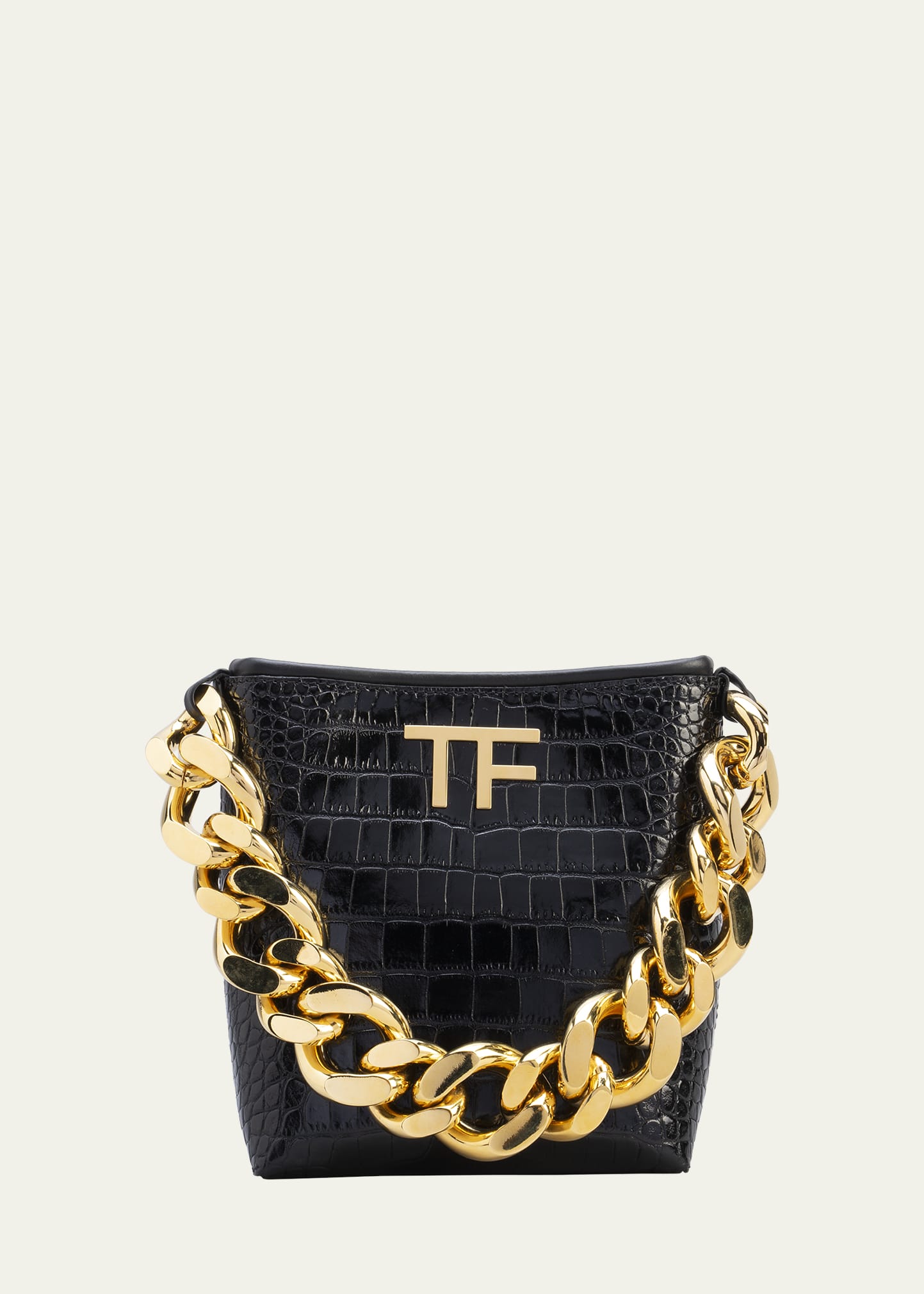 Tom Ford Mini Chain Croc-embossed Top-handle Hobo Bag In Black