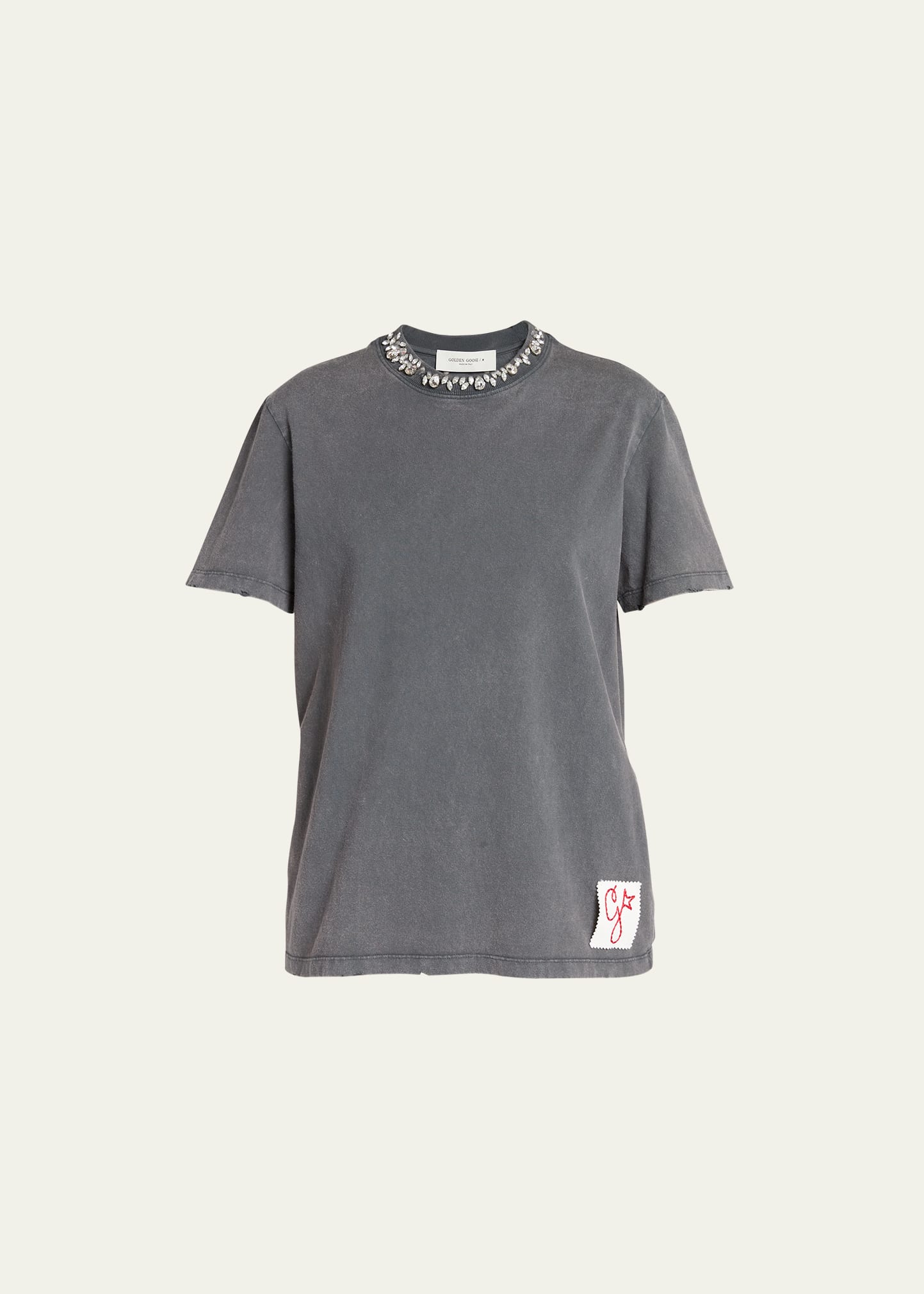 Shop Golden Goose Distressed Crystal Embroidered Crewneck Tee In Anthracite