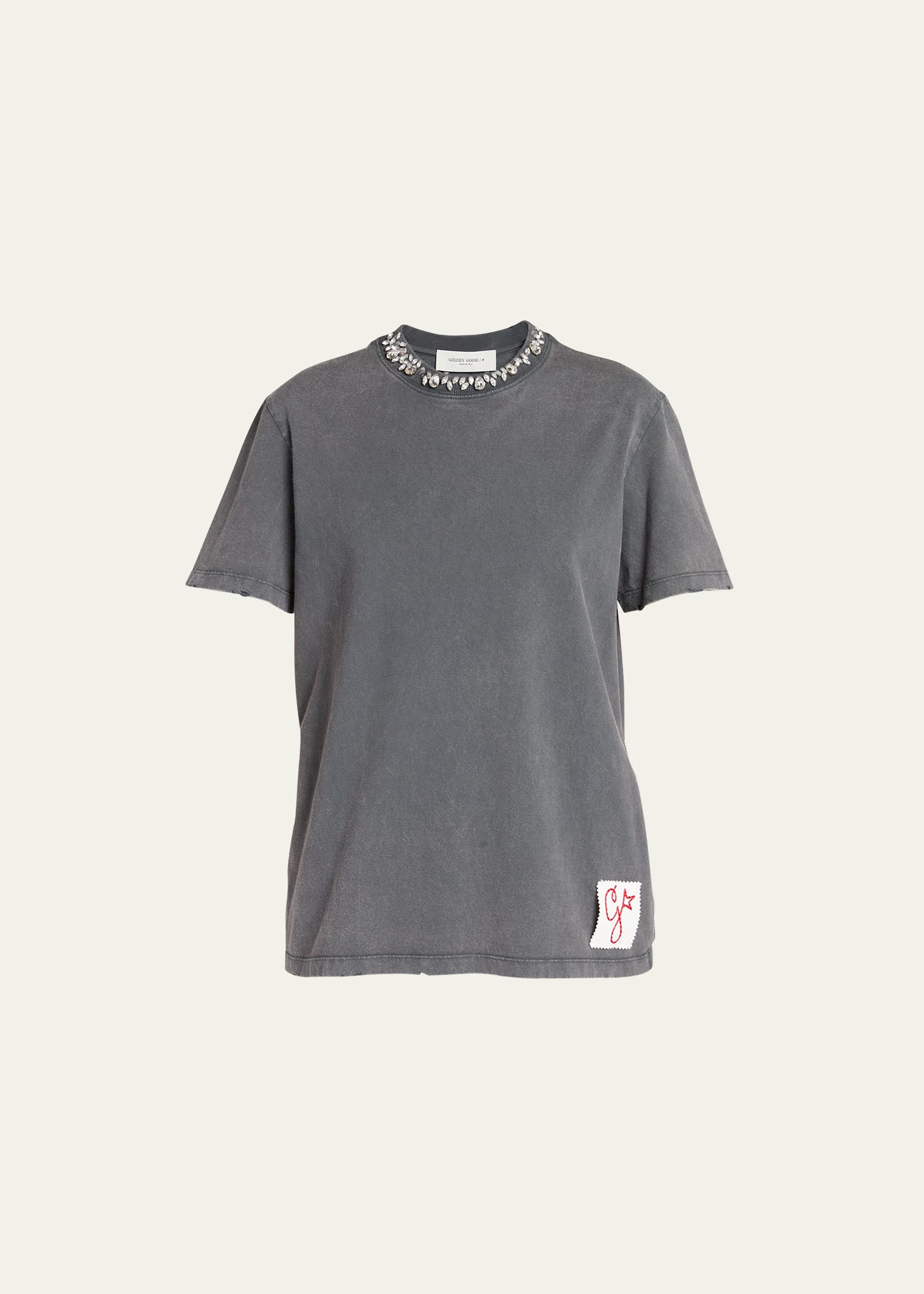 Golden Goose Golden Collection T-shirt In Anthracite Gray With Cabochon Crystals In Anthracite