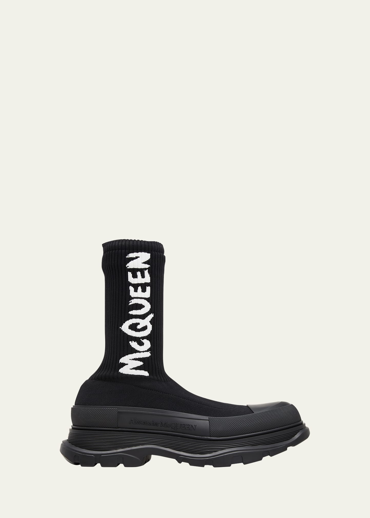 Alexander Mcqueen Men's Logo Graffiti Knit Tread Slick Boots In Nero Natur