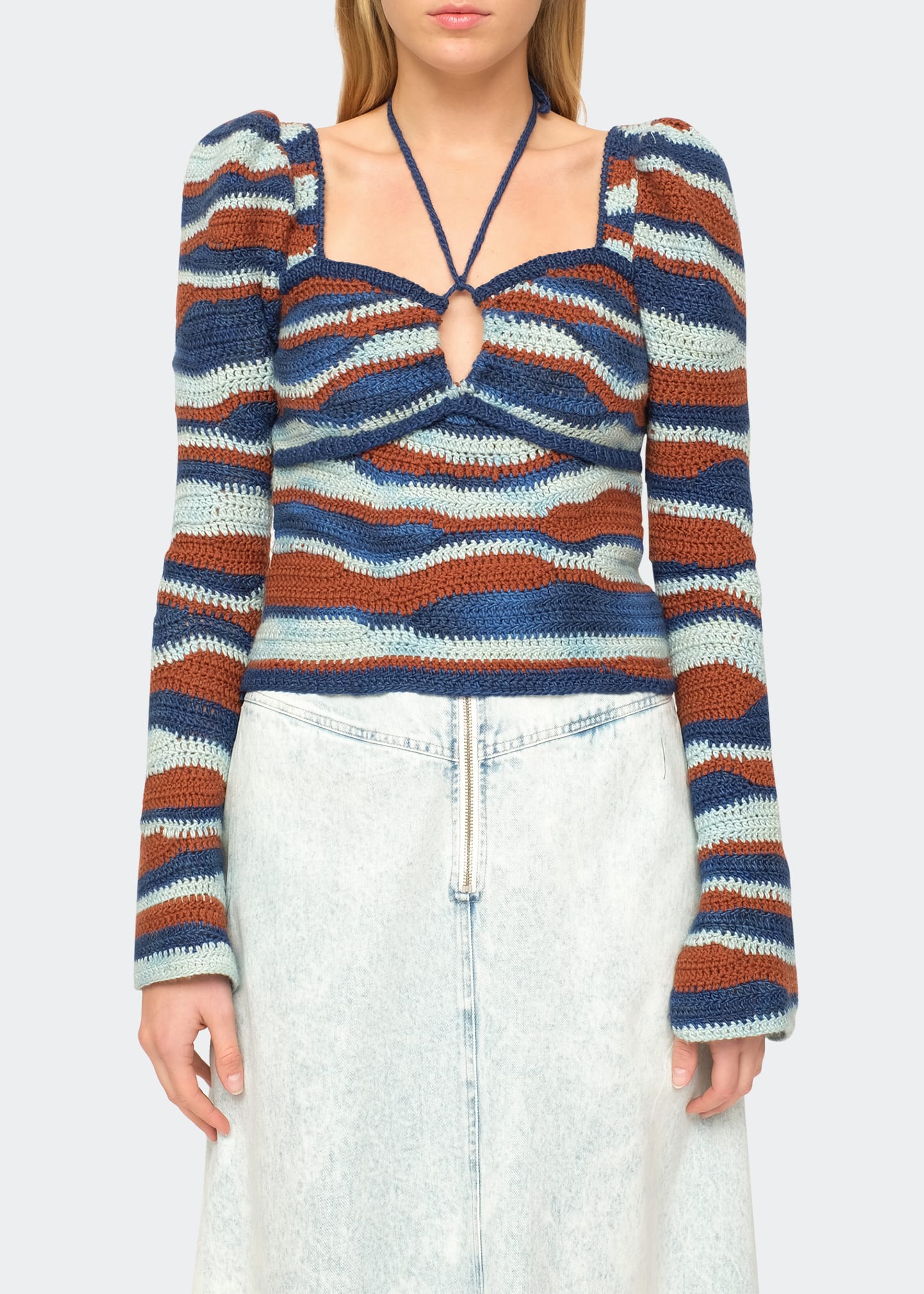 Sea Wavey Crochet Puffed-Sleeve Halter Neck Sweater