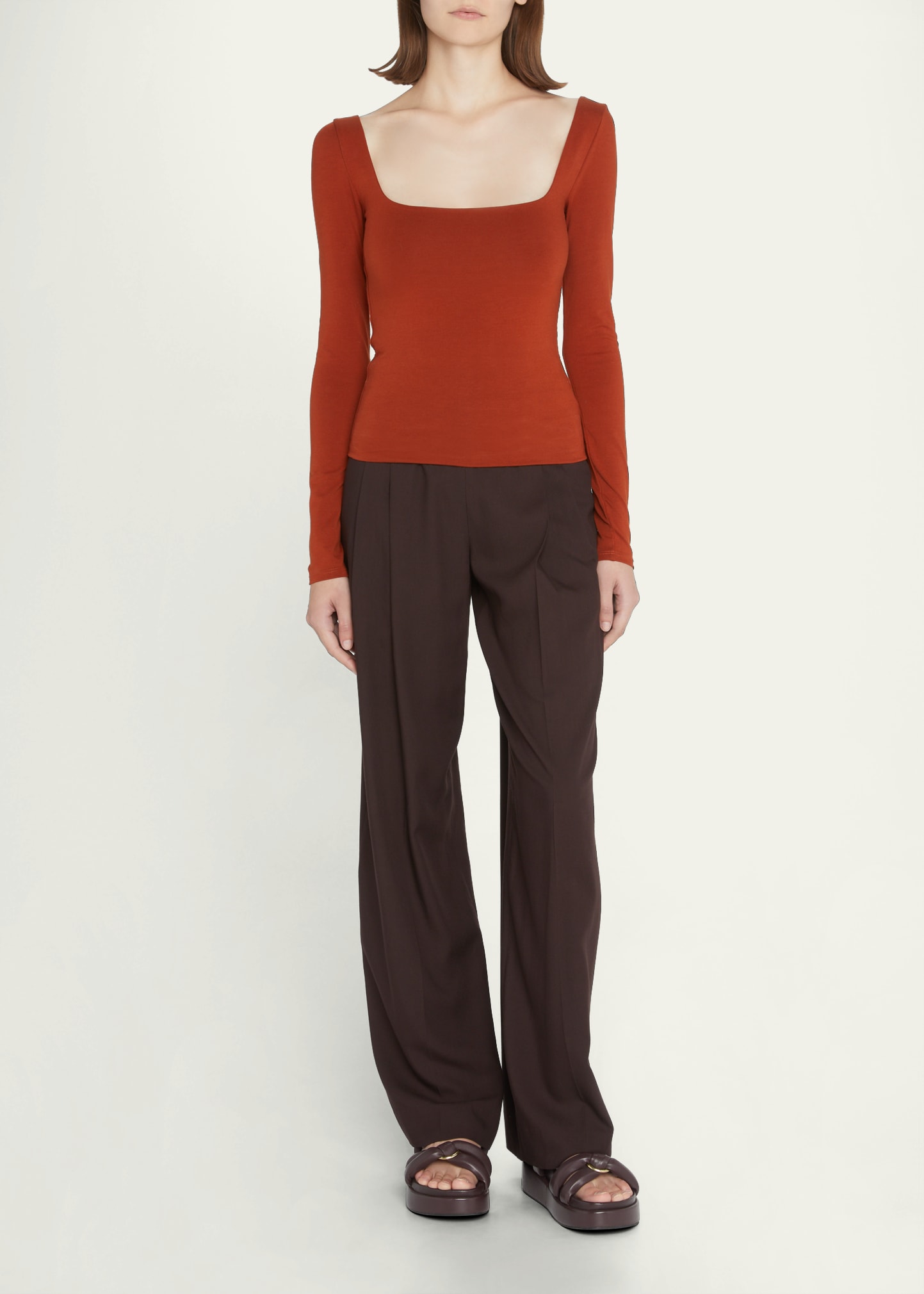 Vince Square Neck Long Sleeve Stretch Cotton Knit Top In Rust Amber-930rua
