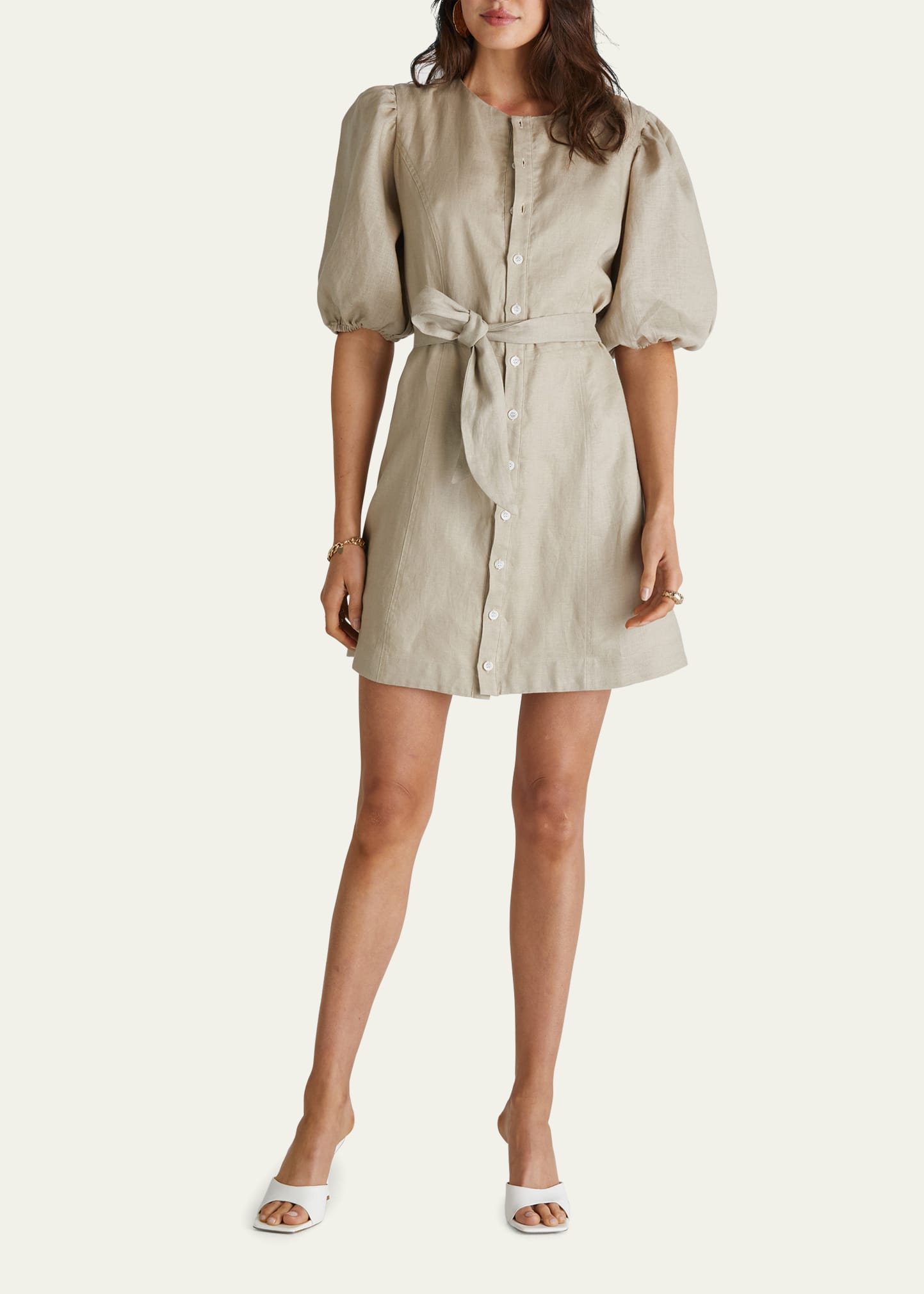 Aqua Blu Australia Olivia Puff-Sleeve Belted Linen Mini Dress
