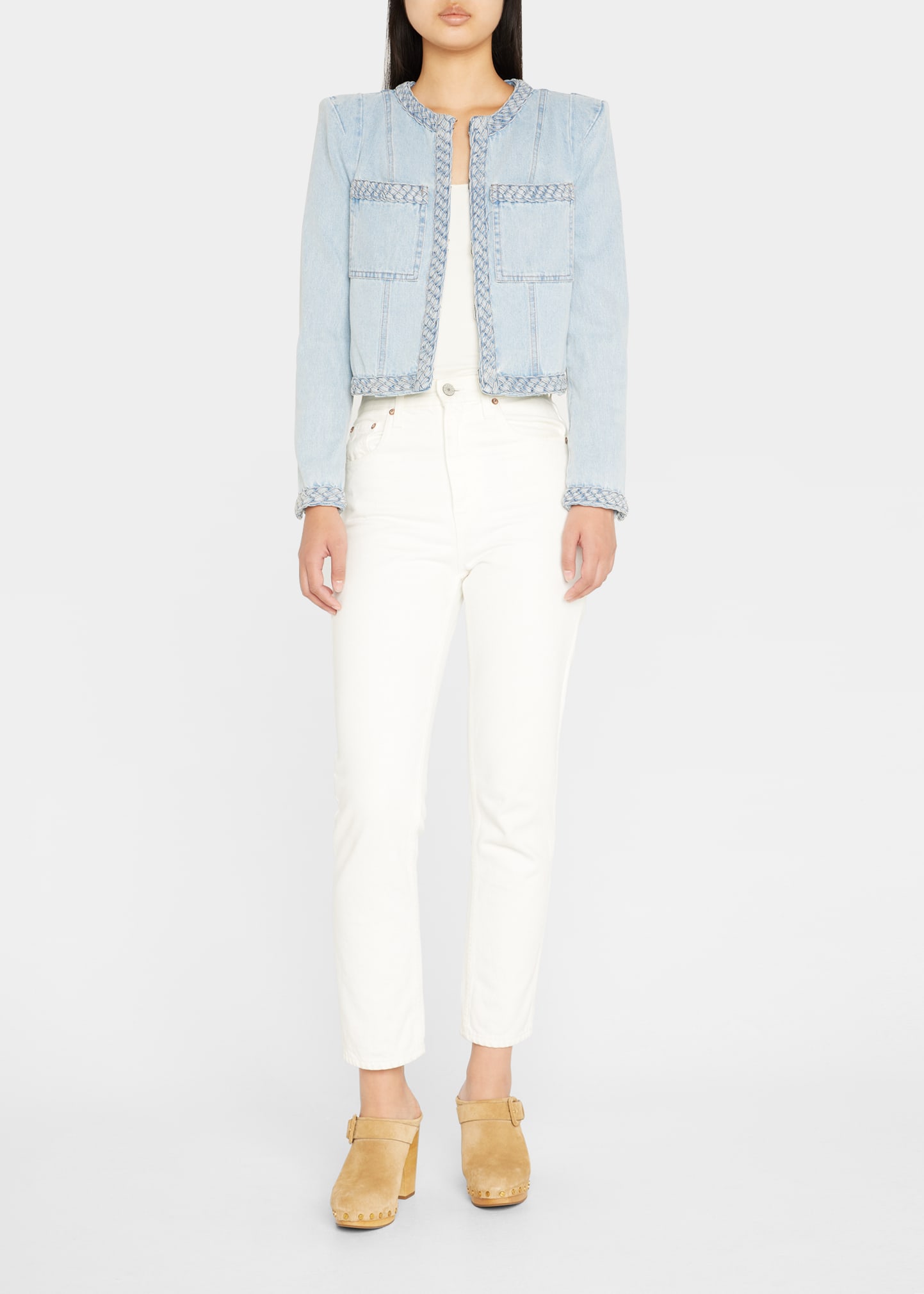 Veronica Beard Arrowe Cropped Chambray Jacket with Braided Trim