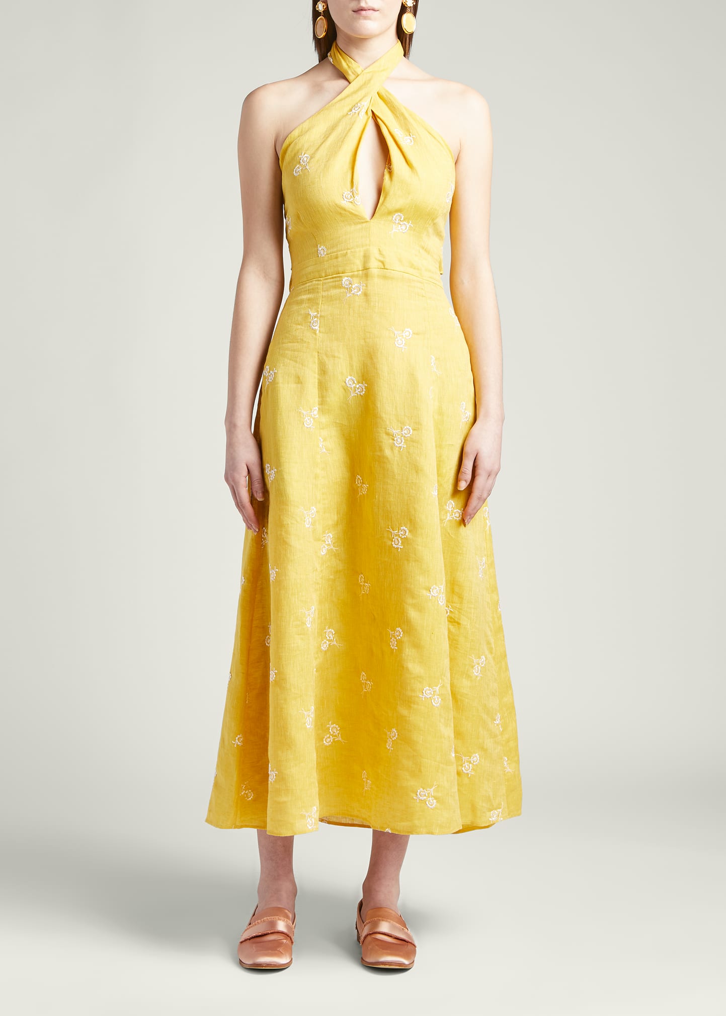 Erdem Selene Halter Floral-Embroidered Open-Back Maxi Dress