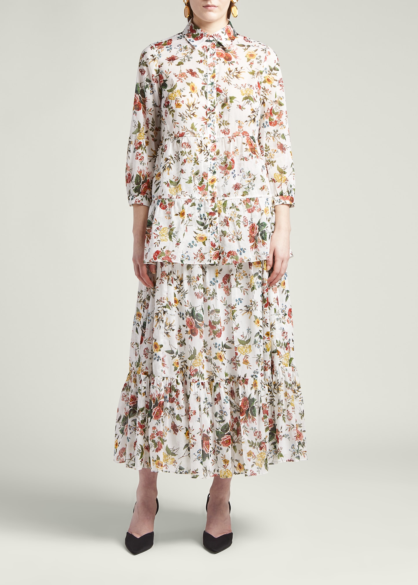 Erdem Olympia Floral-Print Voile Tiered Maxi Skirt
