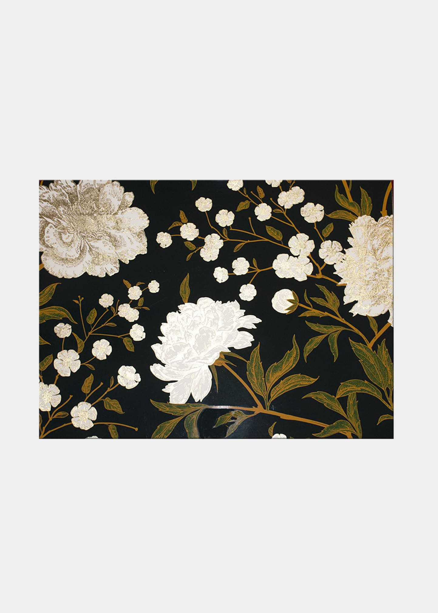 NOMI K WHITE FLOWER WITH TOUCHES OF GOLD ON BLACK LAQUER RECTANGULAR PLACEMAT