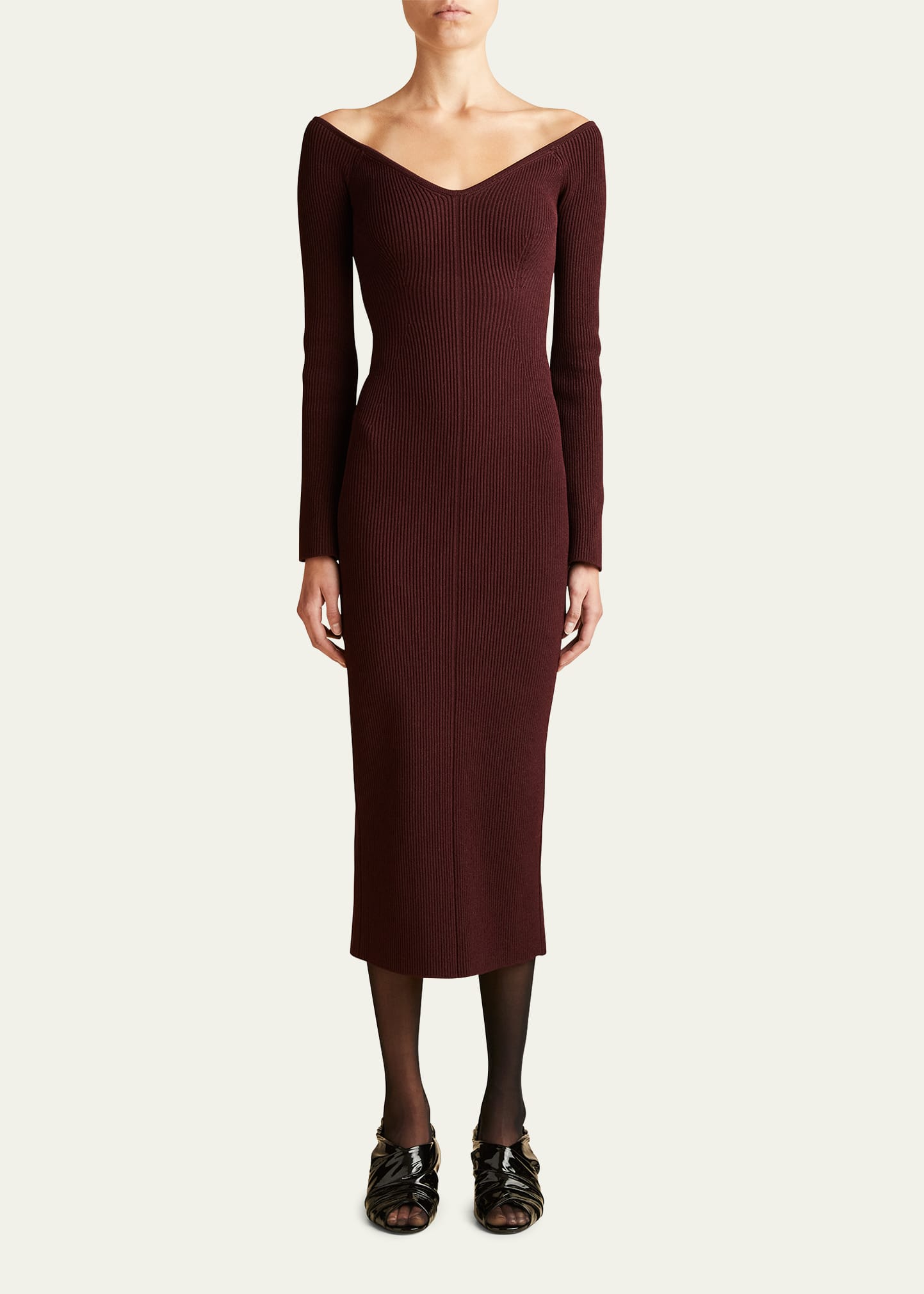 Khaite Pia Off-the-shoulder Knit Midi Dress In Merlot