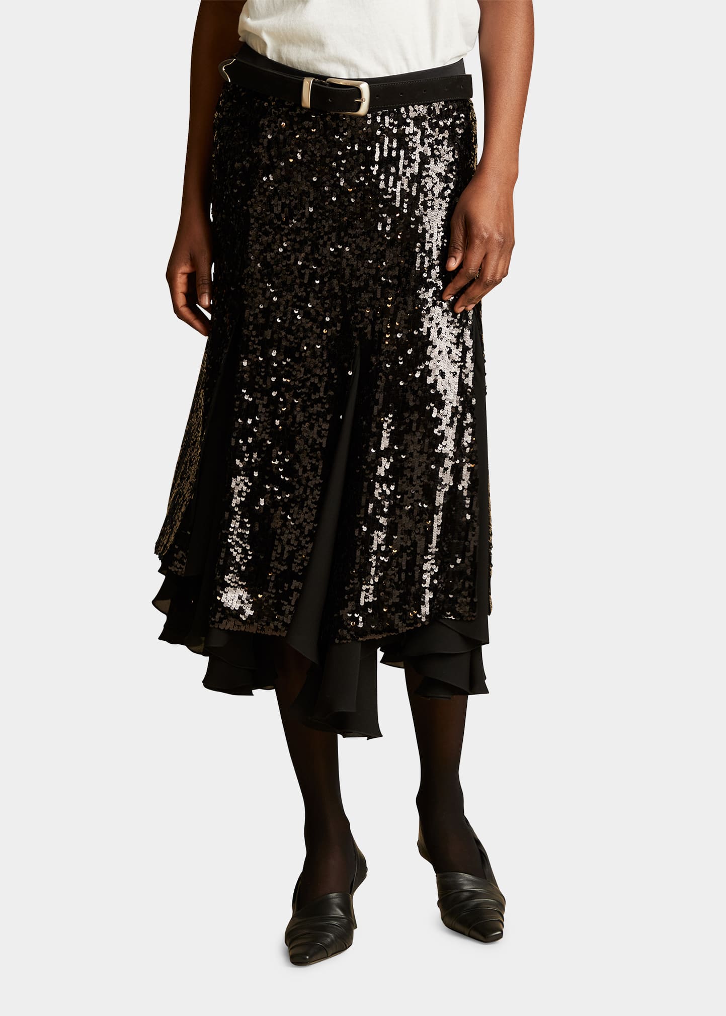 Khaite Aya Sequin-embellished Silk Godet Midi Skirt In Black