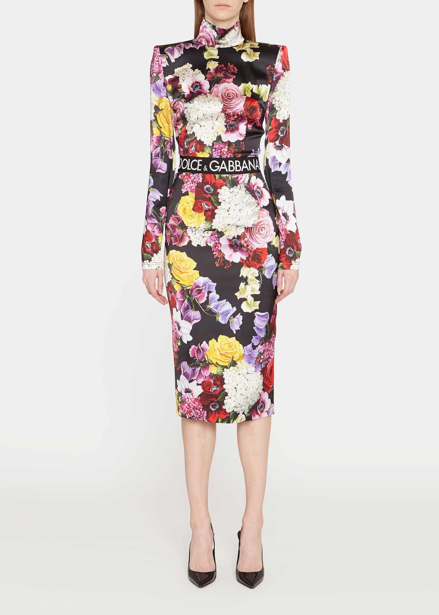 Dolce & Gabbana Logo-band Floral-print Satin Midi Skirt In Flwepr.blk