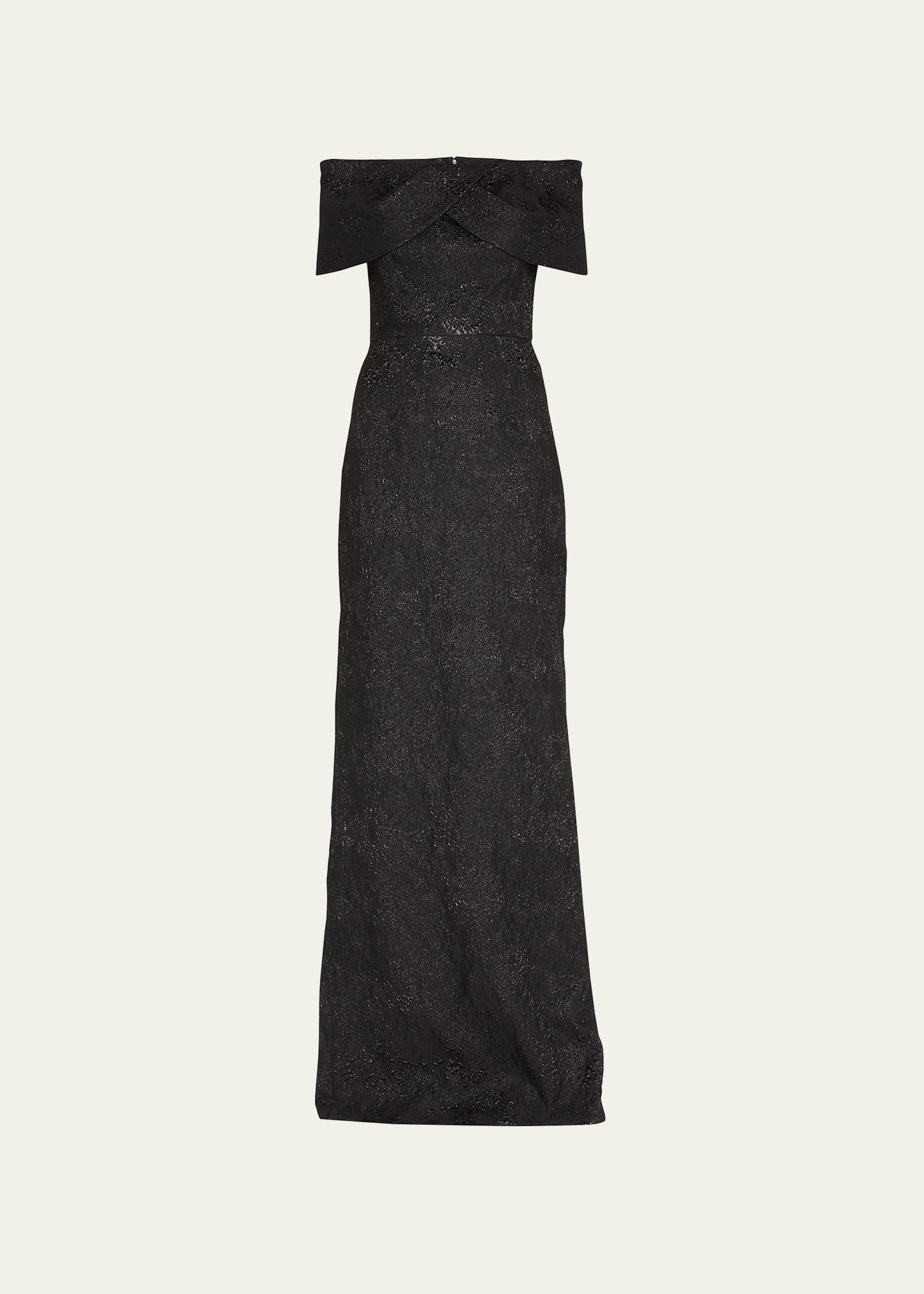 Shop Rickie Freeman For Teri Jon Off-shoulder Jacquard Column Gown In Black