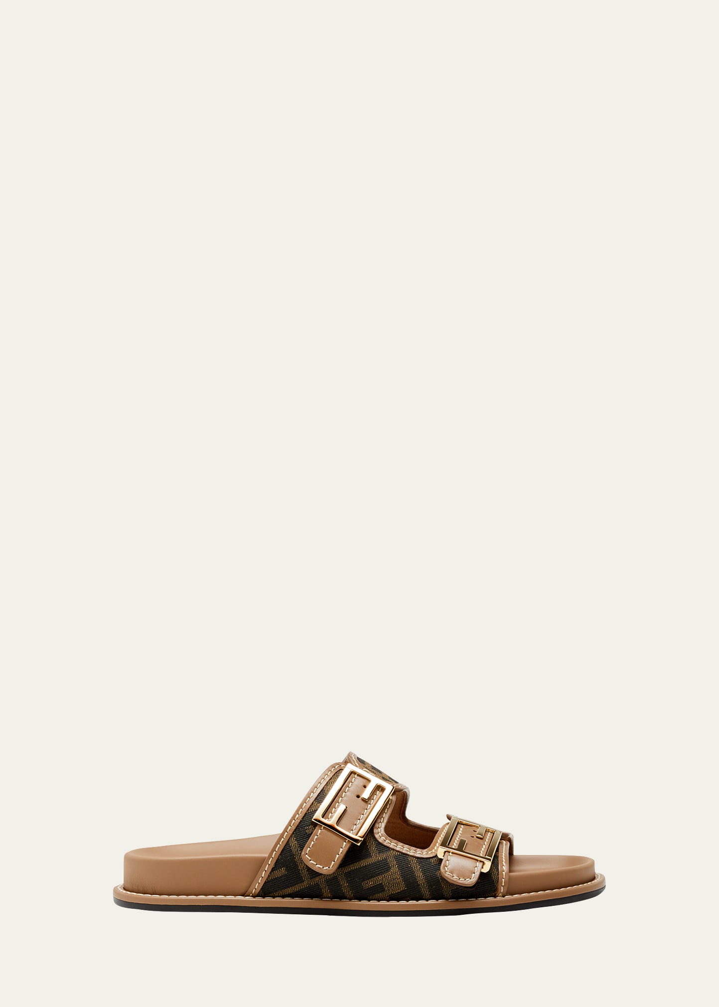 Shop Fendi Ff Jacquard Dual Buckle Slide Sandals In Brown