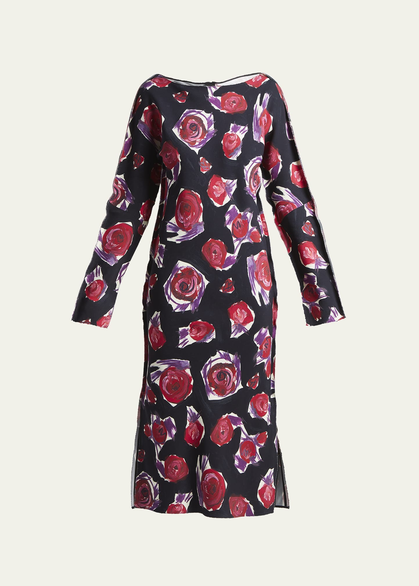 Marni Tulip-print Boat-neck Crepe Midi Dress In Black