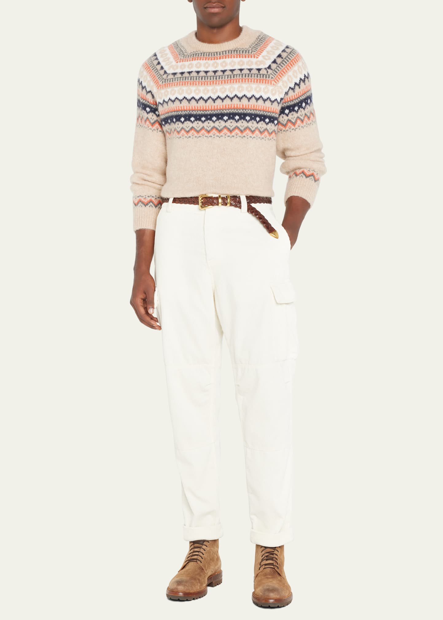 Brunello Cucinelli Fair Isle Alpaca Blend Crewneck Sweater In Light Brown