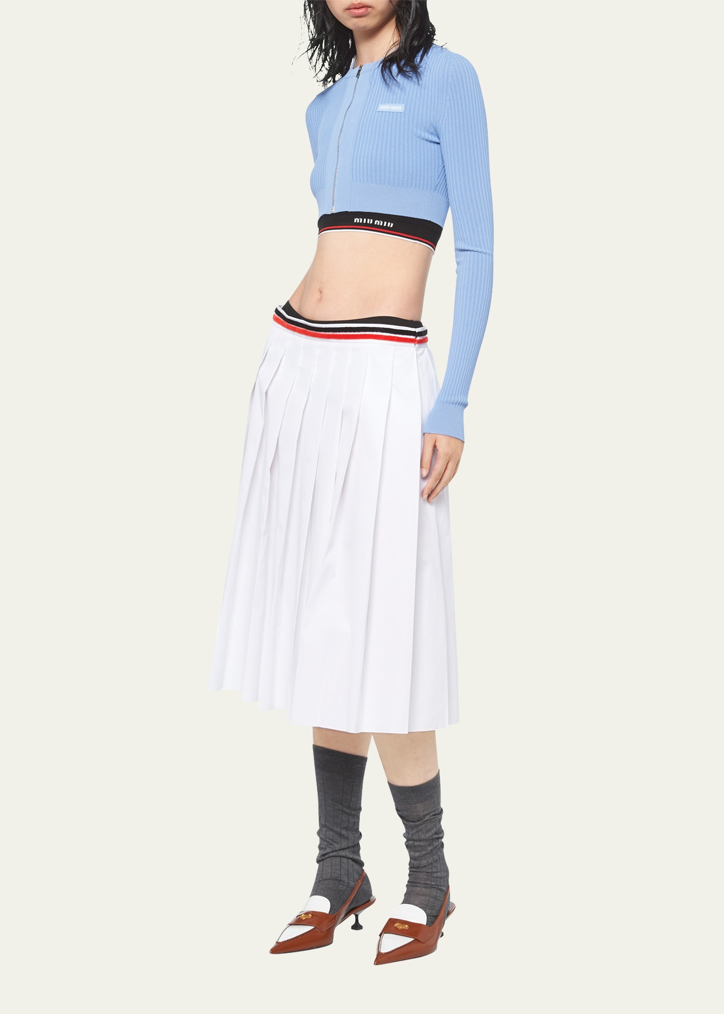 Logo-Embroidered Pleated Poplin Midi Skirt