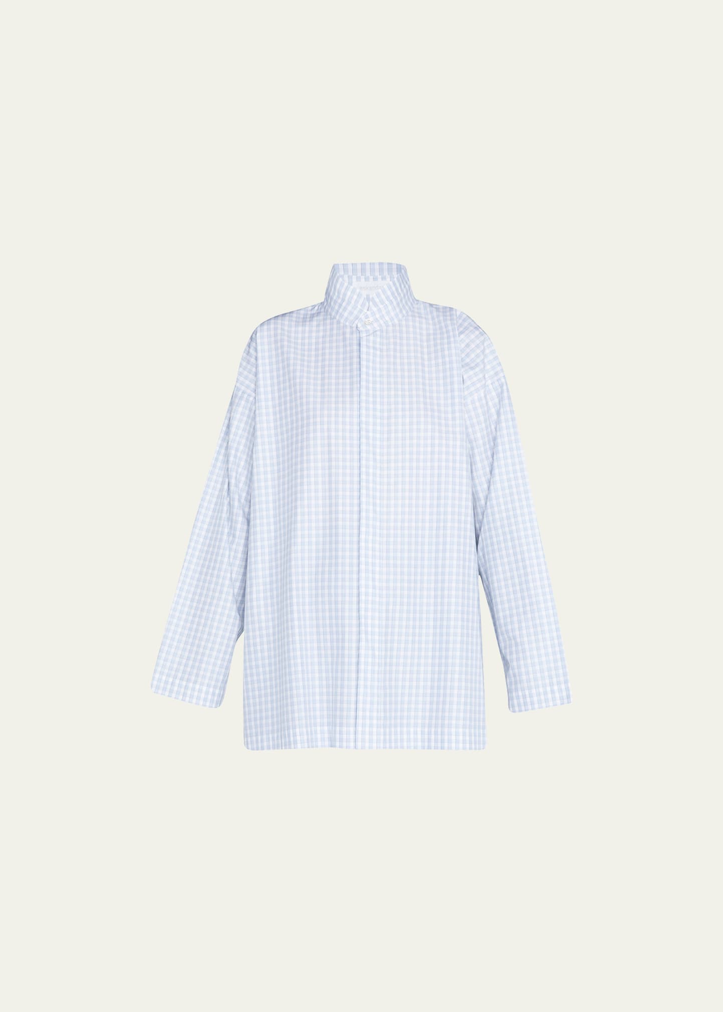 Eskandar Plaid Slim A-line Double Stand Collar Shirt With Stepped Insert (long Length) In Blue