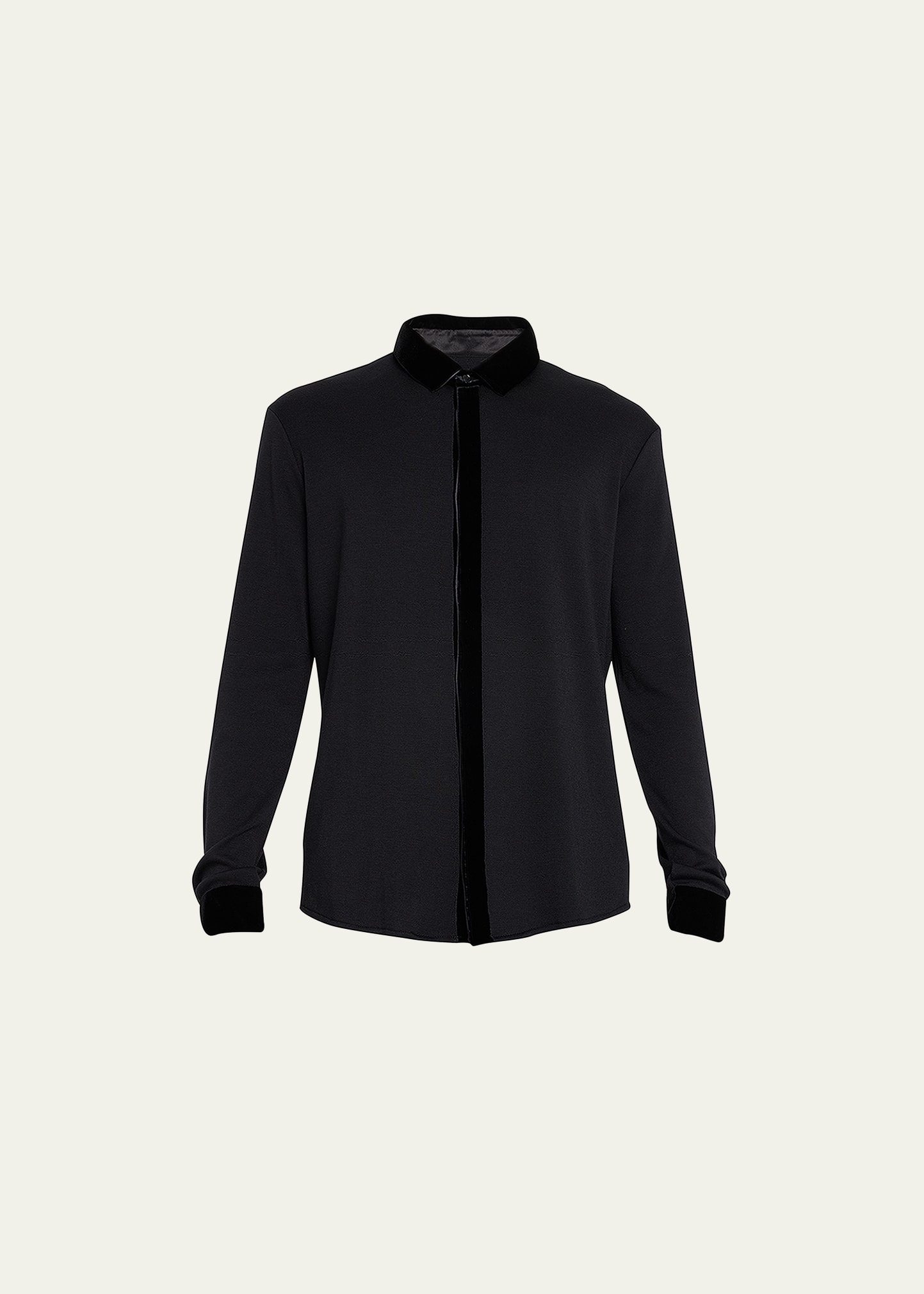 Shop Giorgio Armani Men's Velvet-trim Dress Shirt In Solid Black