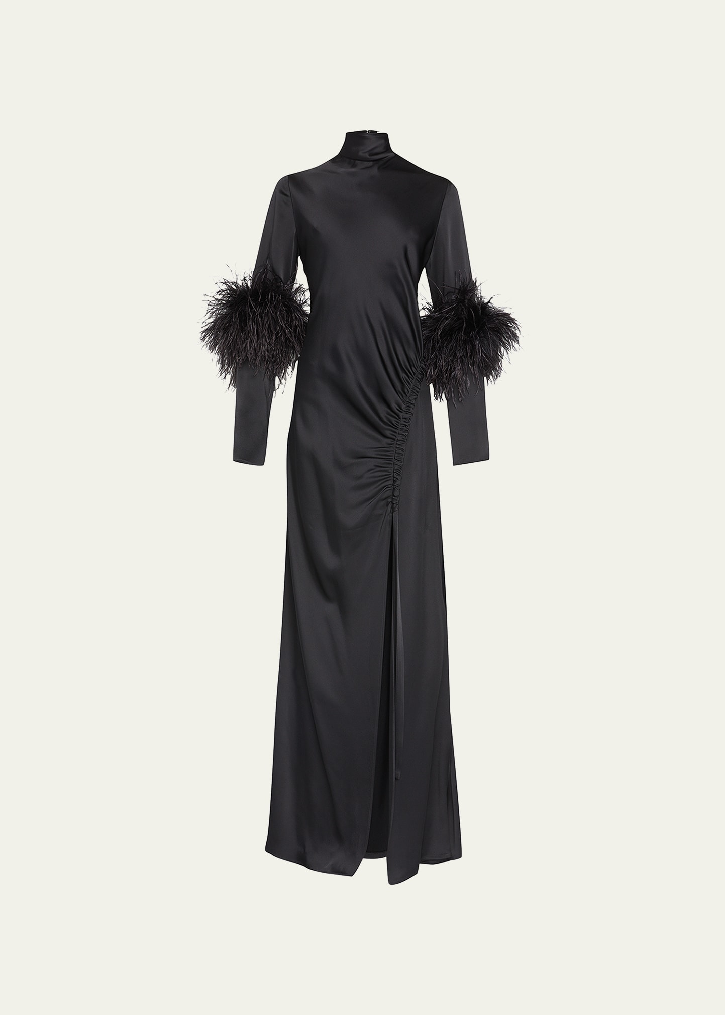 LAPOINTE FEATHER-TRIM RUCHED SATIN BIAS GOWN