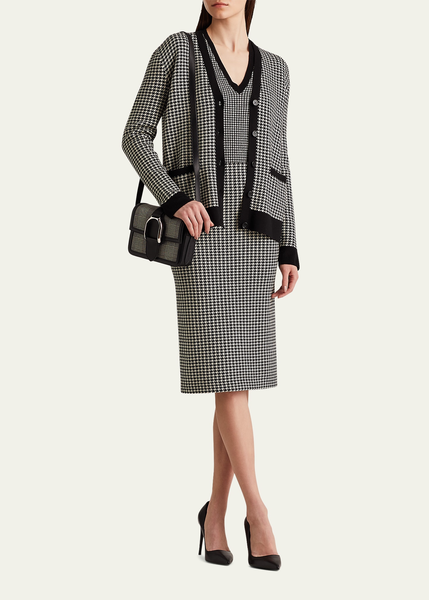 Ralph Lauren Houndstooth Jacquard Wool Boyfriend Cardigan In Black
