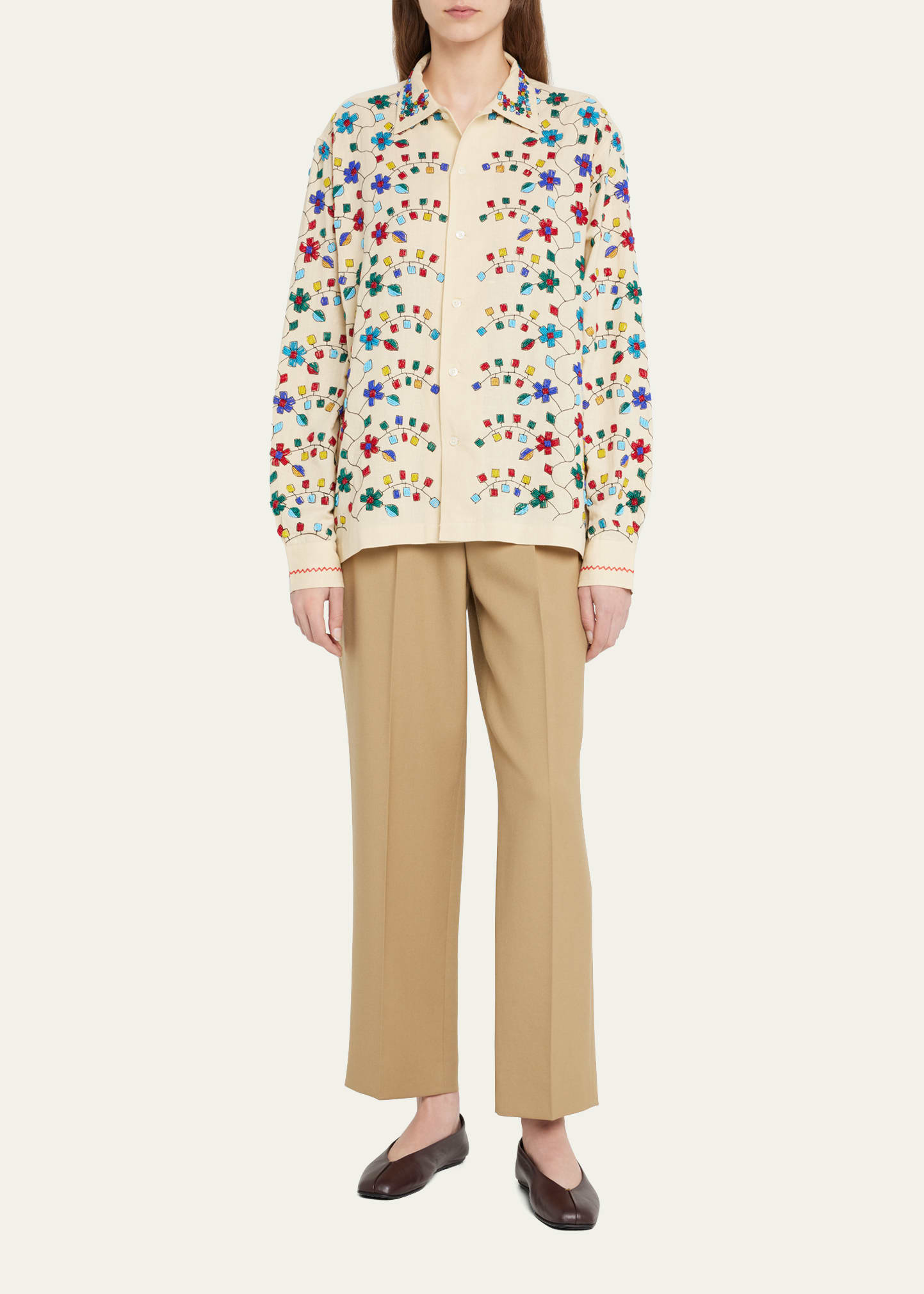 Beaded Trailing Blossom Embellished Boxy Linen Shirt