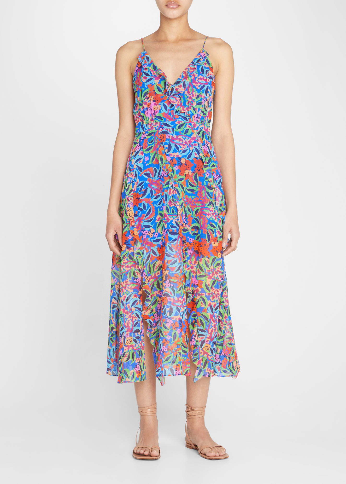 Saloni Ayla-b Ruffle Floral Silk Midi Dress In Tropical Begonia | ModeSens