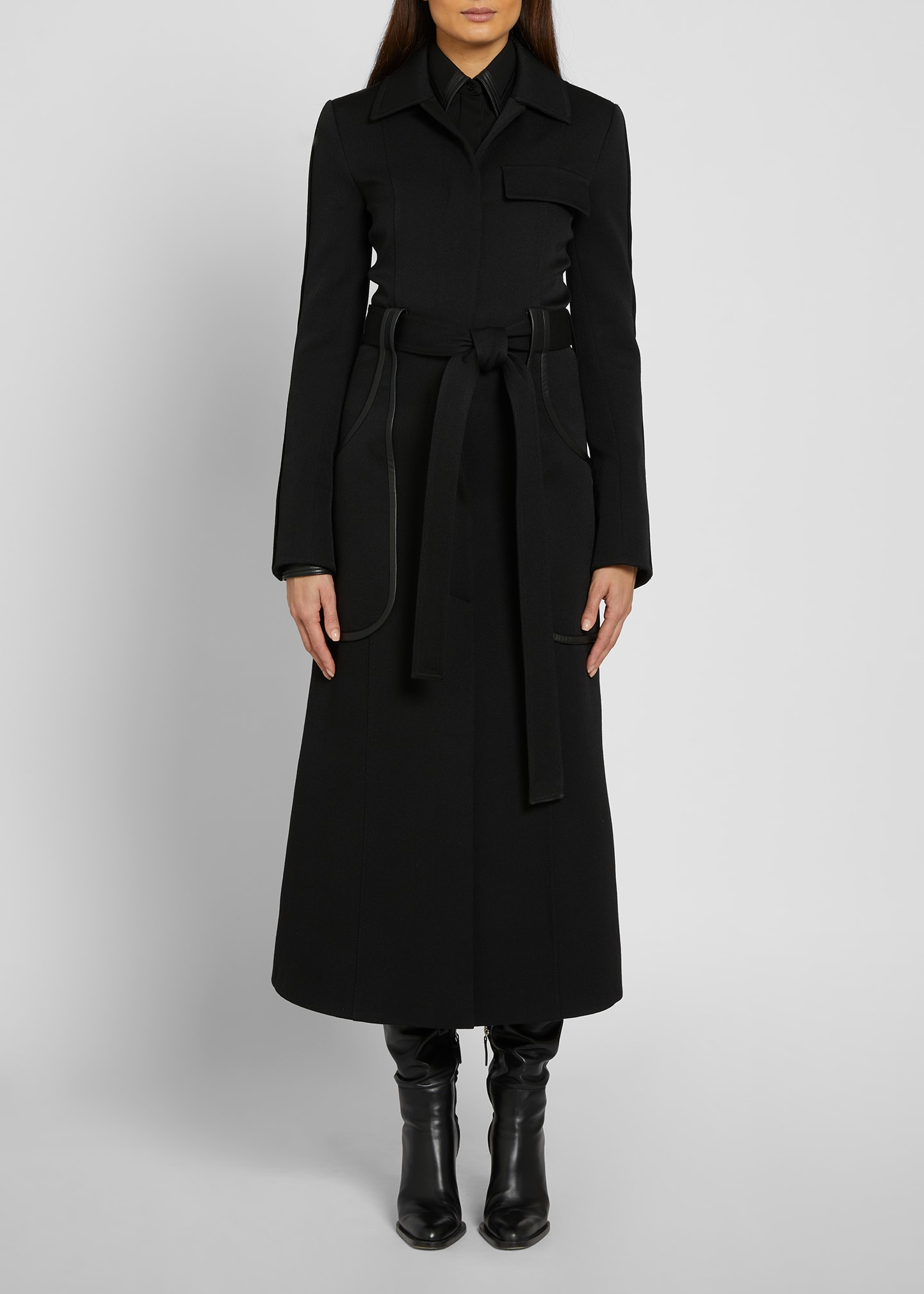 VICTORIA BECKHAM BELTED WOOL LEATHER-TRIM LONG TRENCH COAT