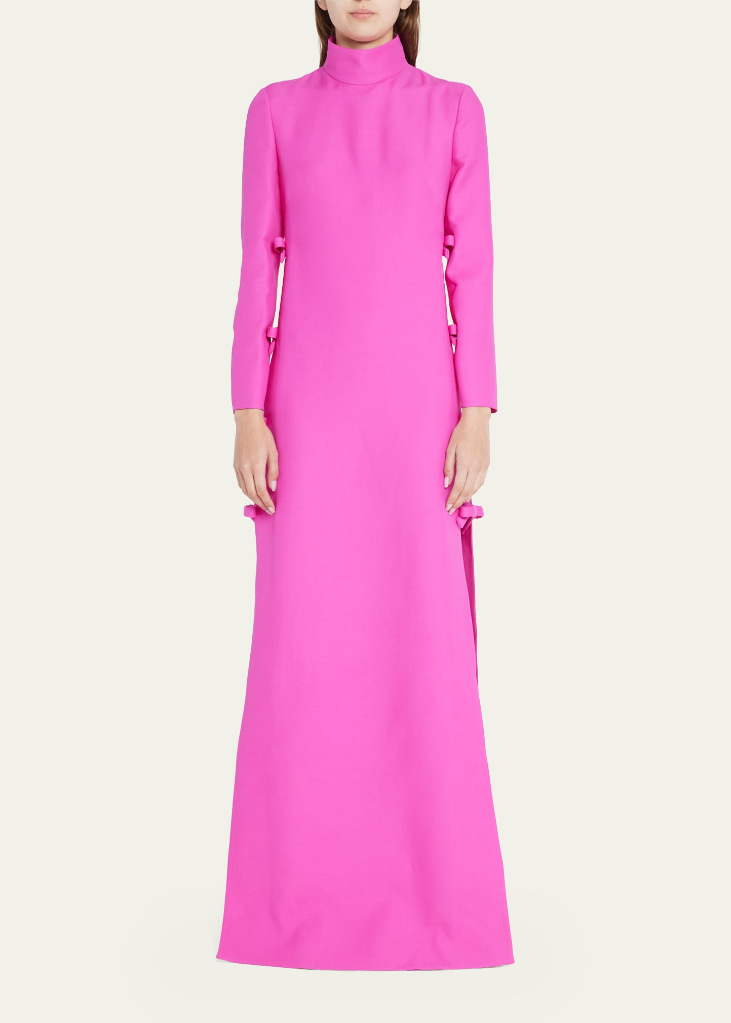 VALENTINO APPLIQUE BOW HIGH-NECK CREPE GOWN