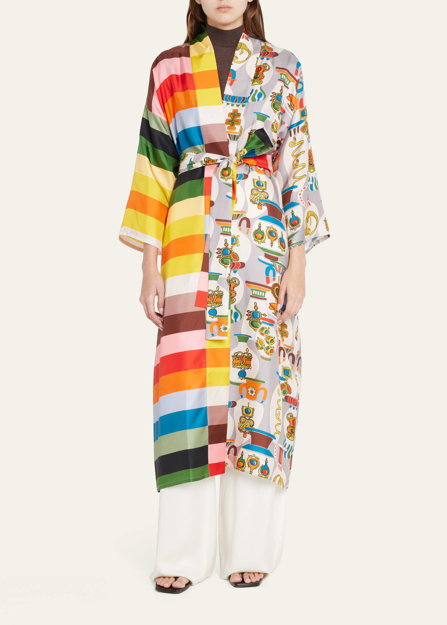 Kosmima Mixed-Print Belted Silk Kimono