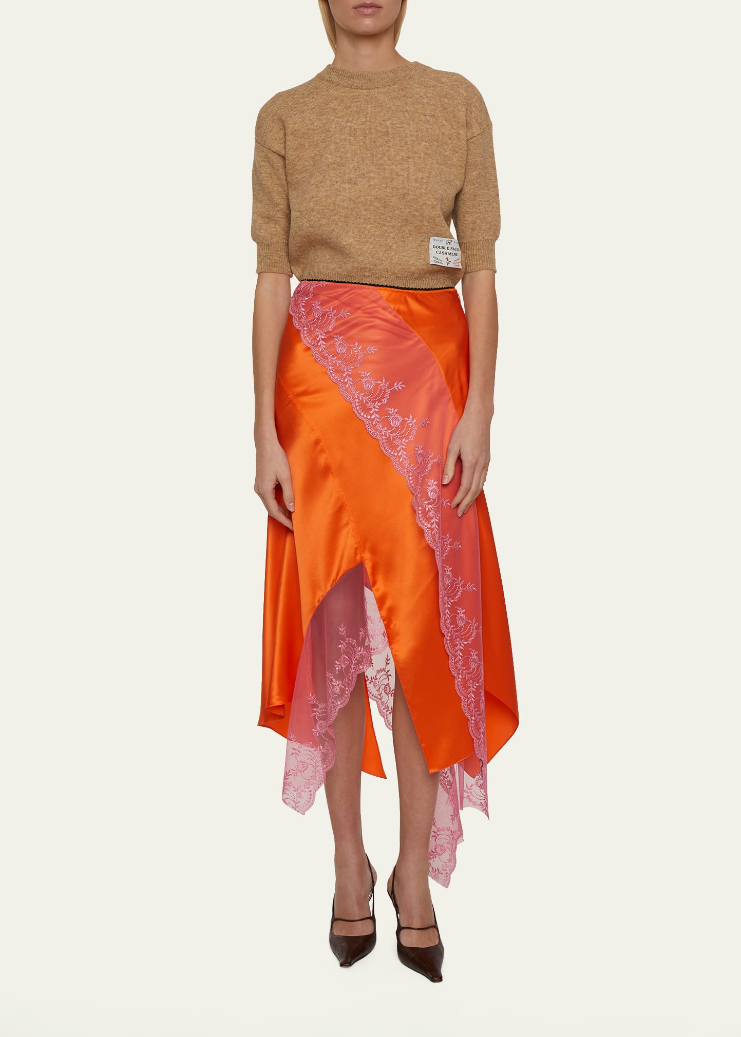 MERYLL ROGGE Satin Handkerchief Slip Skirt with Floral Lace