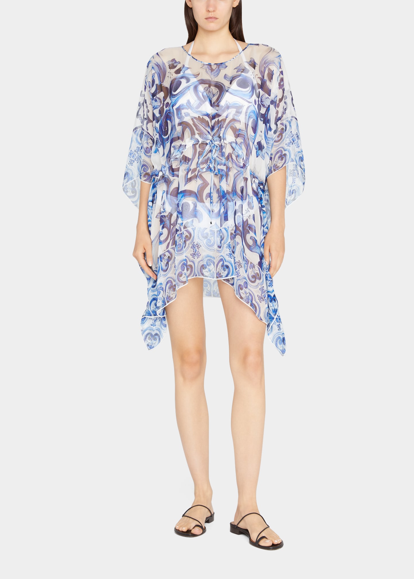 DOLCE & GABBANA MAJOLICA-PRINT SHEER KAFTAN COVERUP