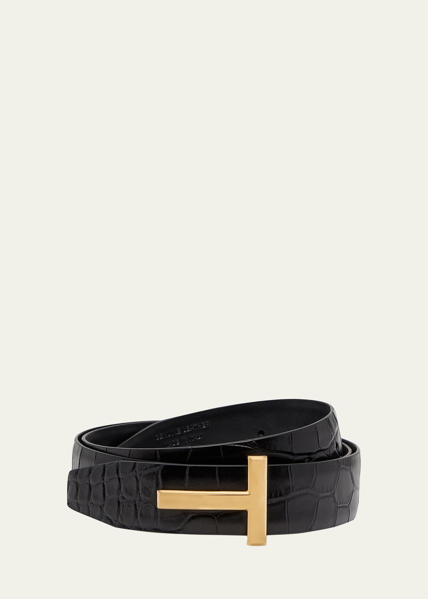 Shop Tom Ford T Buckle Croc-embossed Patent Belt In Black