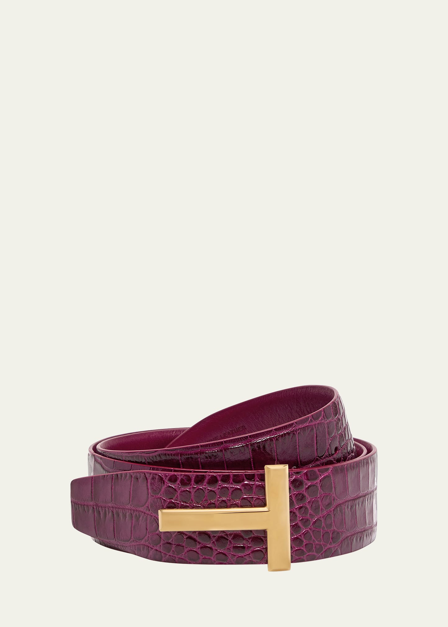 Tom Ford T Buckle Croc-embossed Patent Belt In U3006 Cranberry