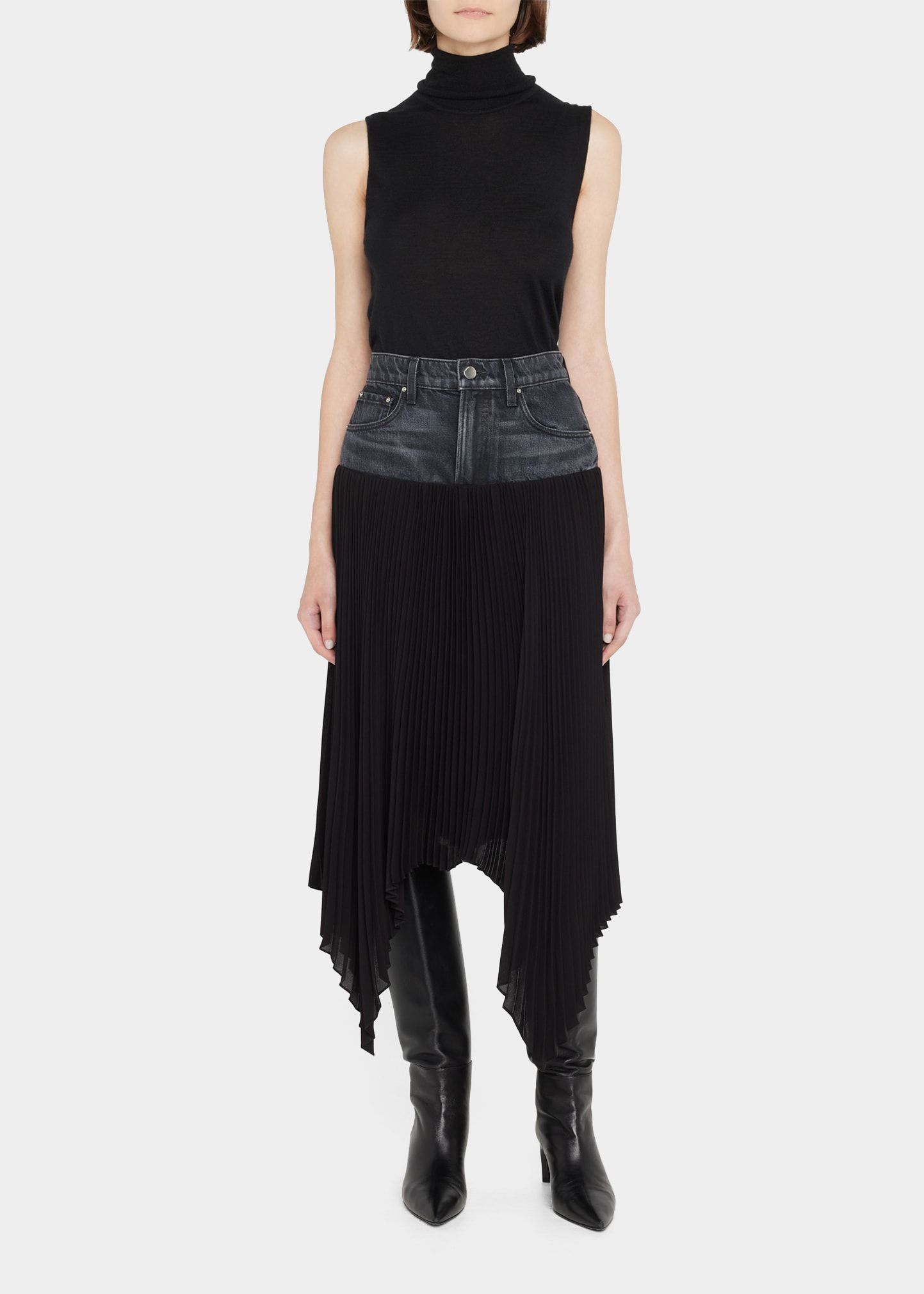 Amiri Hybrid Pleated Denim Skirt In Aged Black | ModeSens