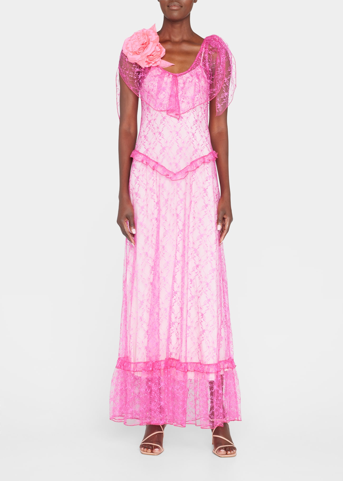 Floral Lace Ruffle-Trim Maxi Dress with Flower