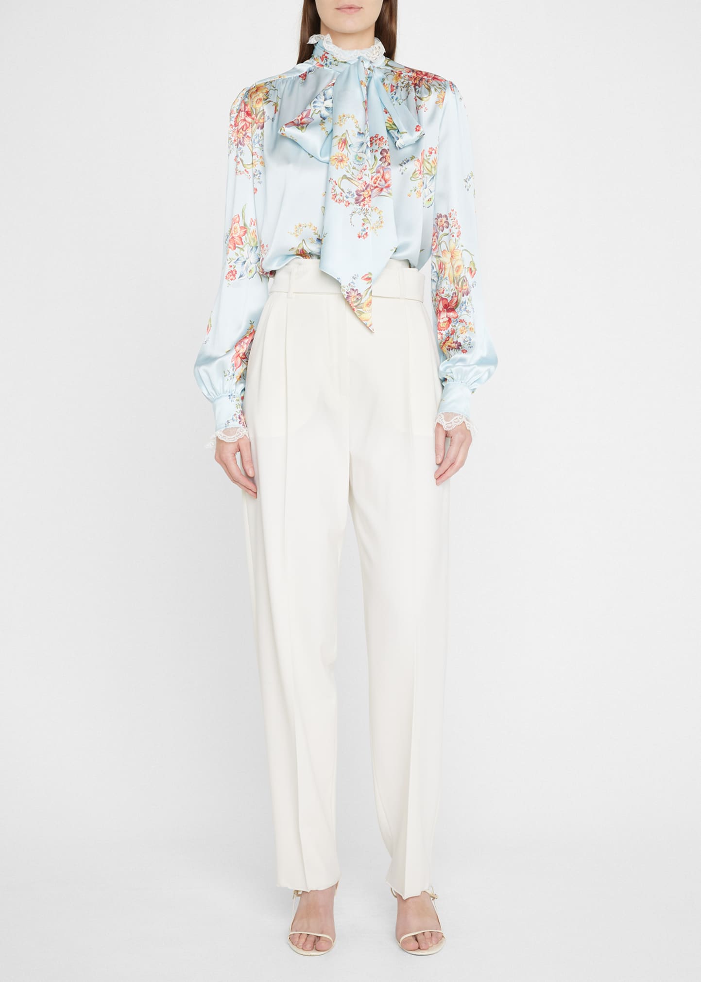 Floral Printed Silk Blouse With Lace Trim
