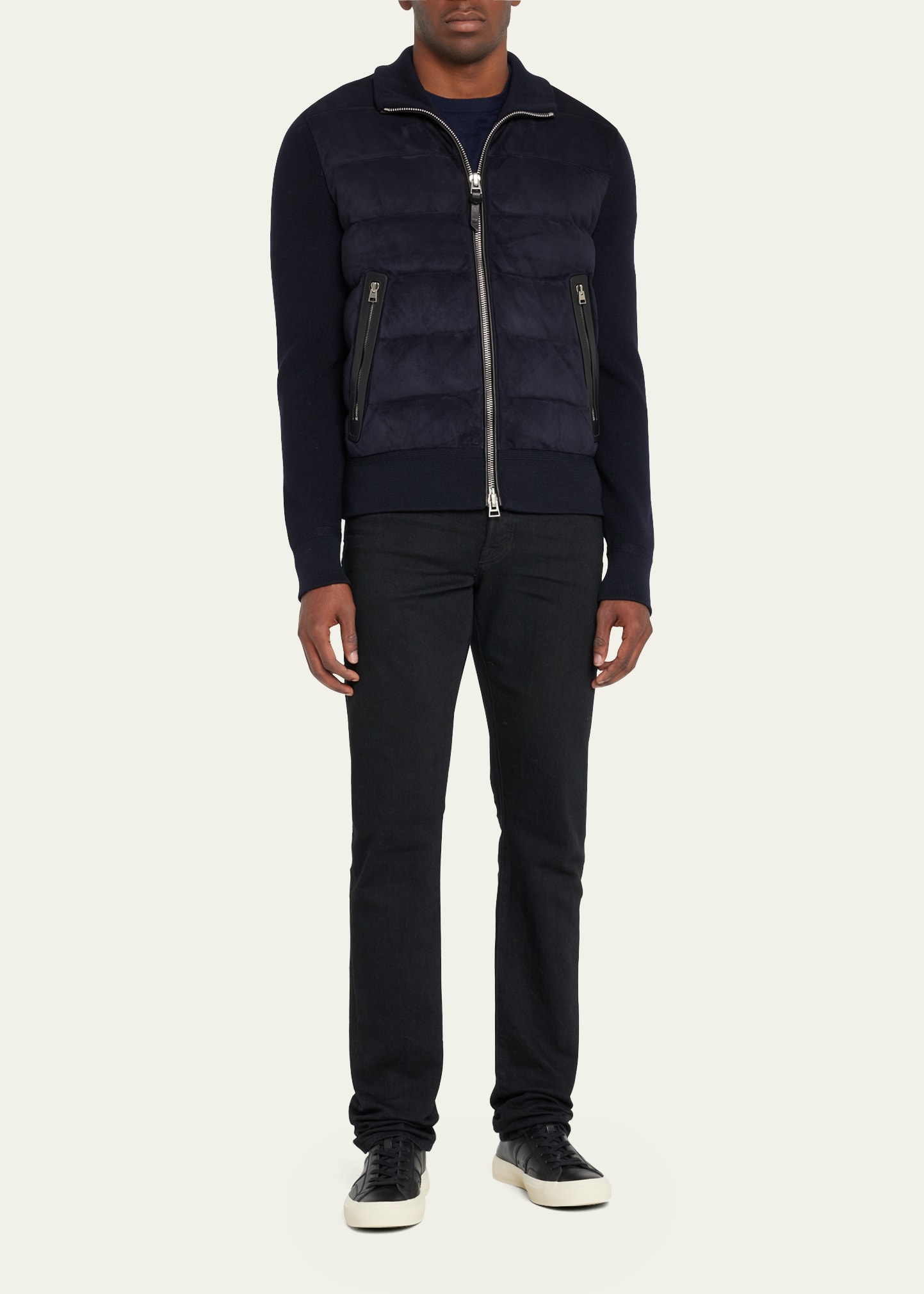 Tom Ford Men's Quilted Suede Down Knit Full-zip Sweater In Md Blu Sld
