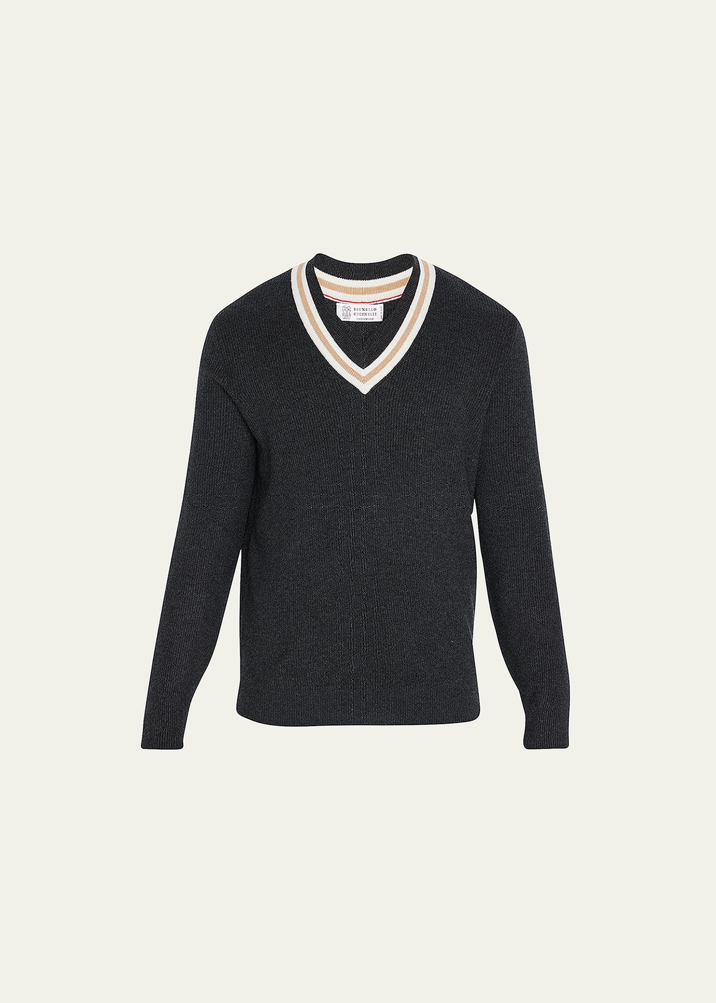 Shop Brunello Cucinelli Men's Cashmere Varsity V-neck Sweater In Charcoal