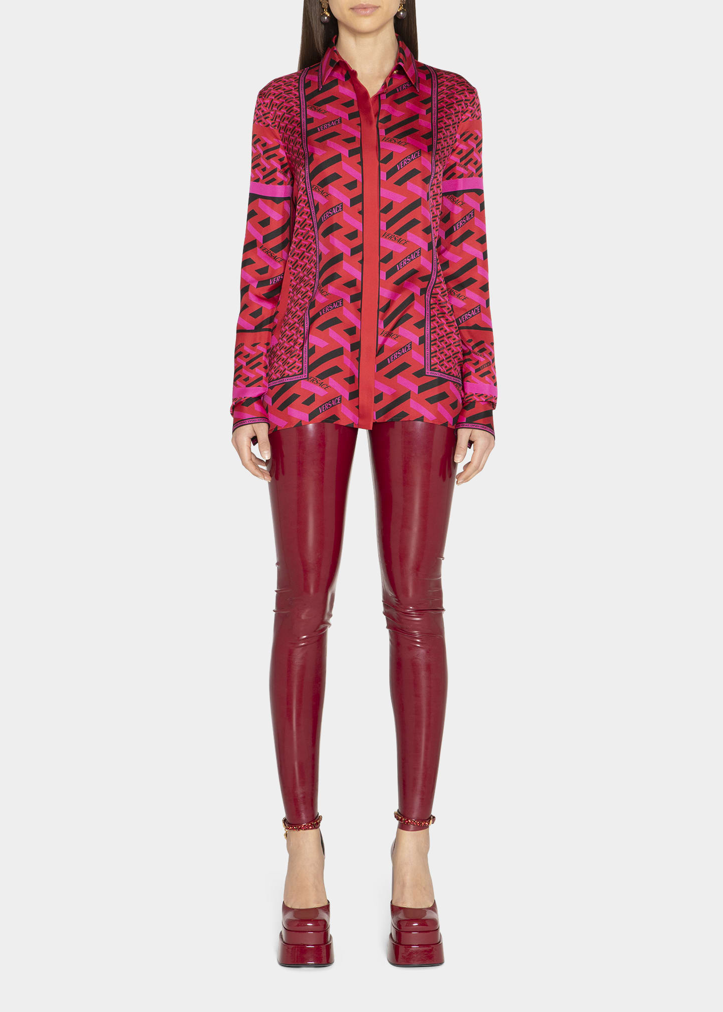 Versace La Greca Monogram Silk Button-up Blouse In Parade Redfuxia